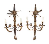 A Pair of Italian Painted and Giltwood Two-Light Sconces