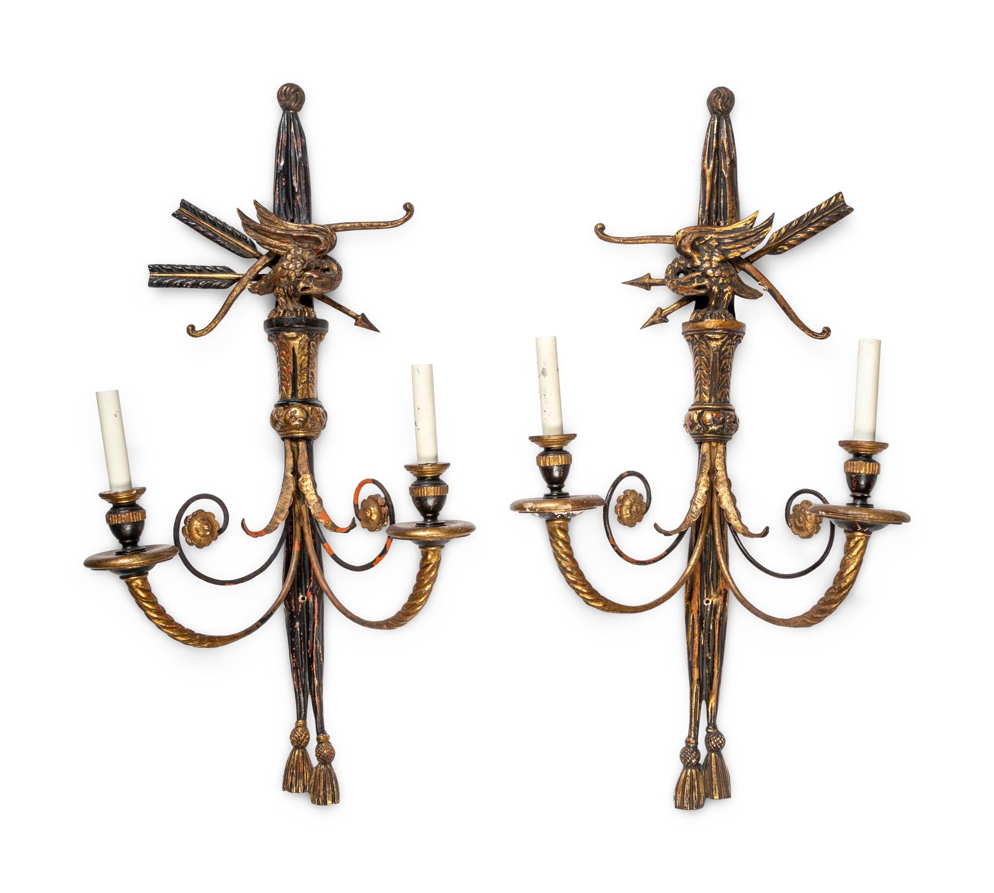 A Pair of Italian Painted and Giltwood Two-Light Sconces