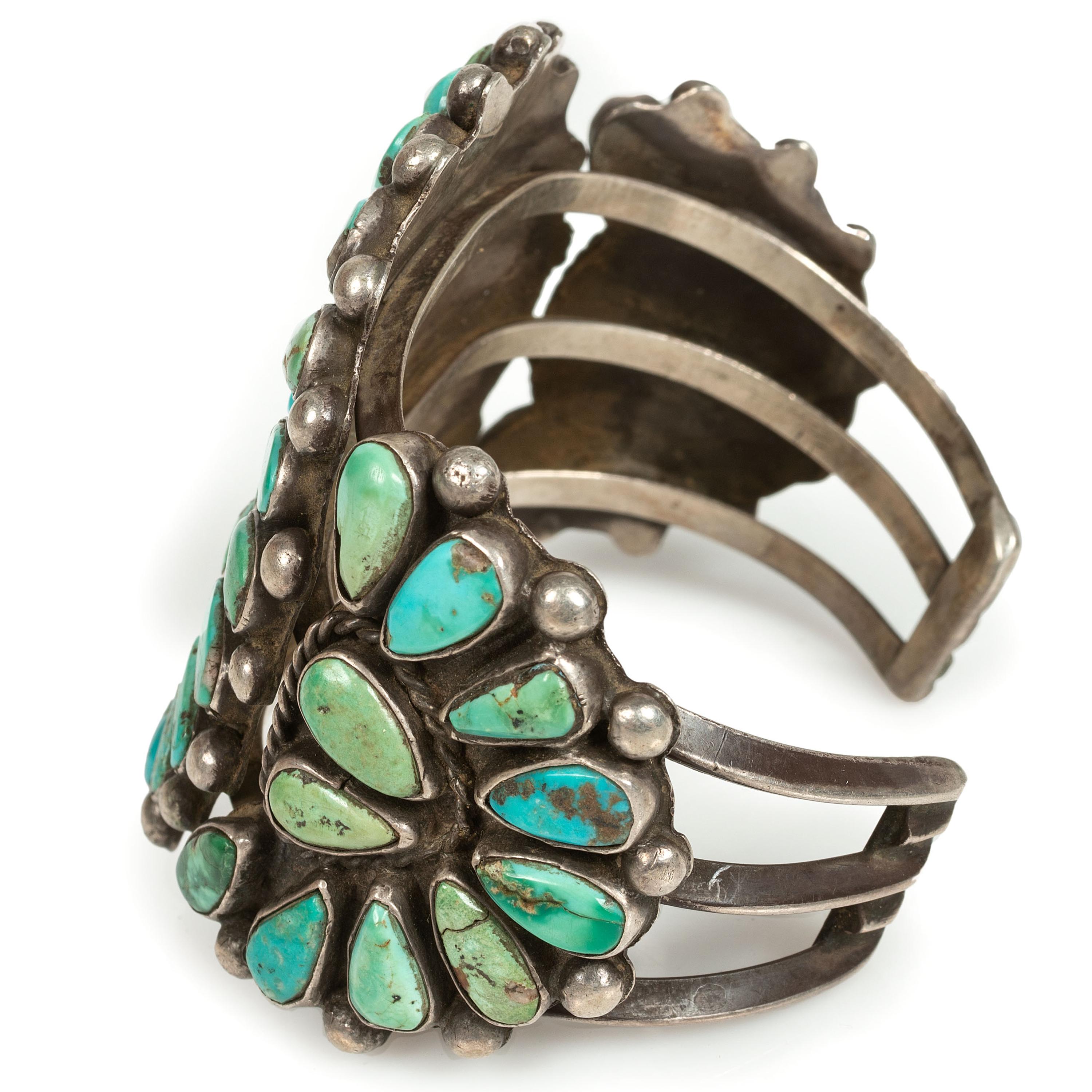 Navajo or Zuni Silver and Turquoise Cluster Cuff Bracelet
