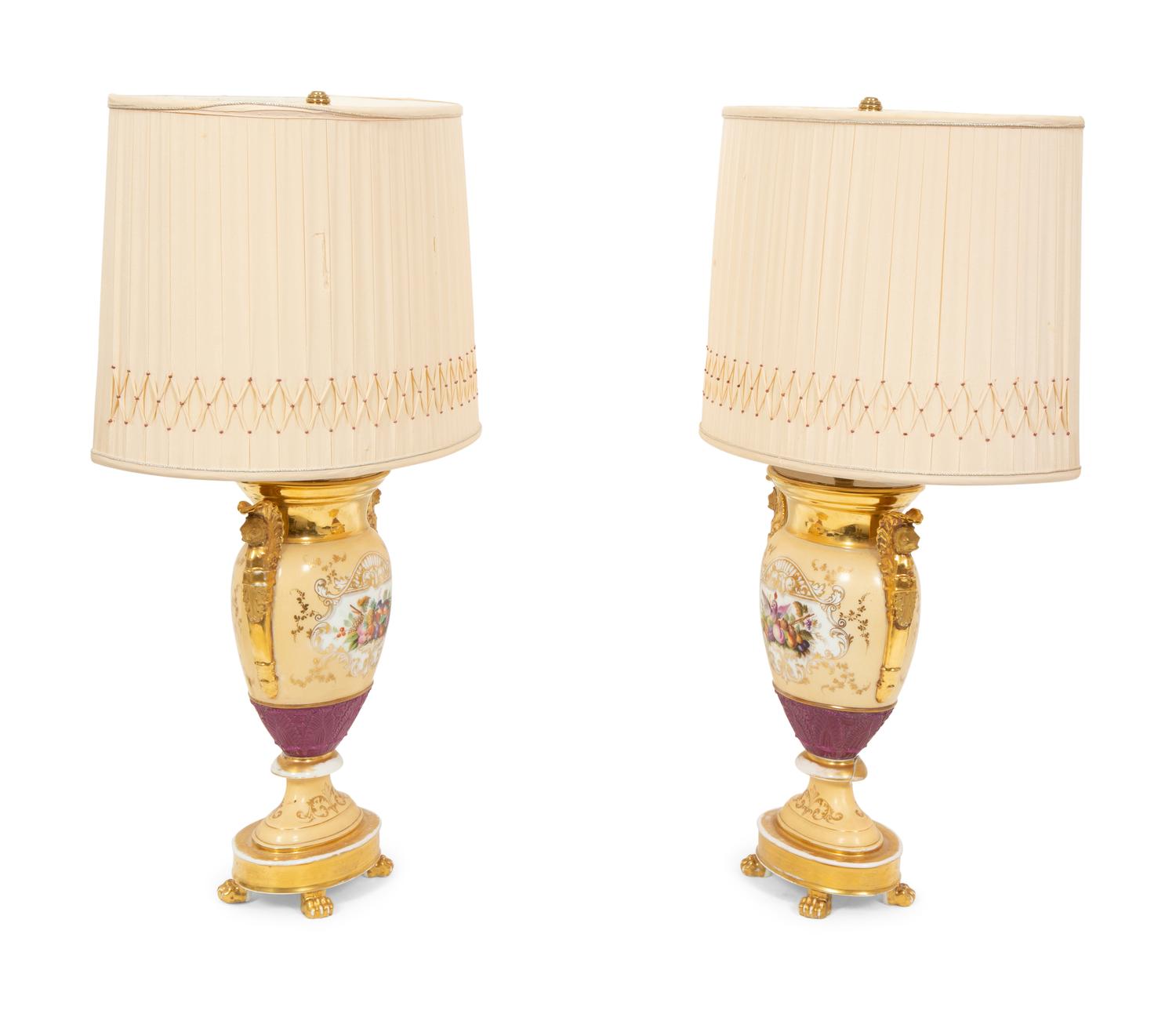 A Pair of Paris Porcelain Urns Mounted as Lamps