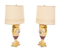 A Pair of Paris Porcelain Urns Mounted as Lamps