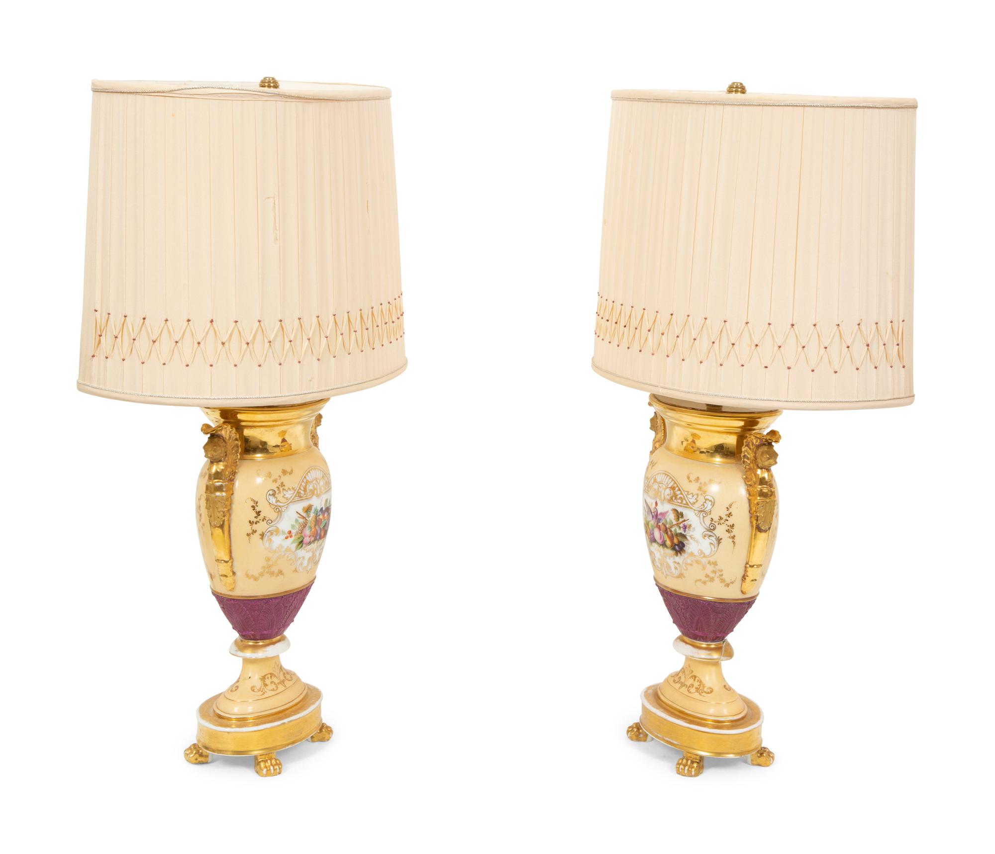 A Pair of Paris Porcelain Urns Mounted as Lamps