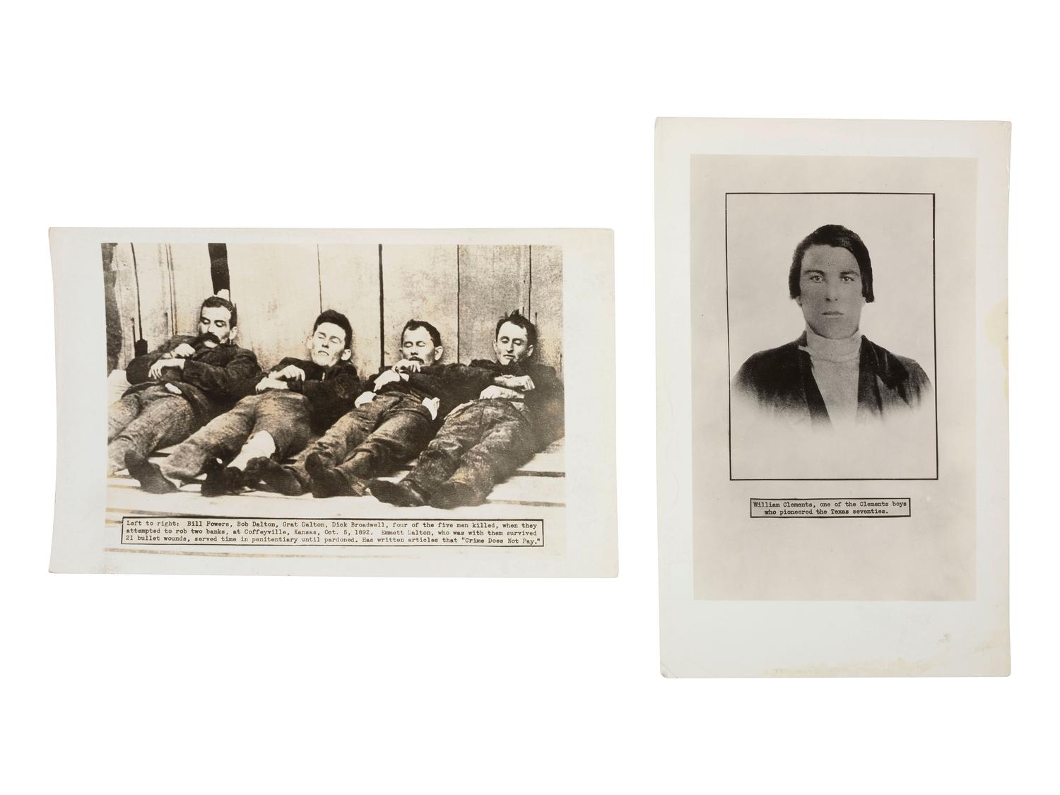 Western Outlaws in Death A group of 11 silver gelatin photographs of deceased outlaws Elmer McCurdy, Isaac Black, and Charlie Pitts, with credit for the N.H. Rose Collection.