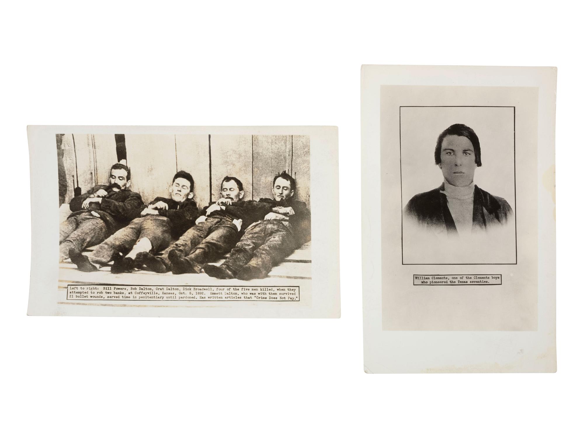Western Outlaws in Death A group of 11 silver gelatin photographs of deceased outlaws Elmer McCurdy, Isaac Black, and Charlie Pitts, with credit for the N.H. Rose Collection.