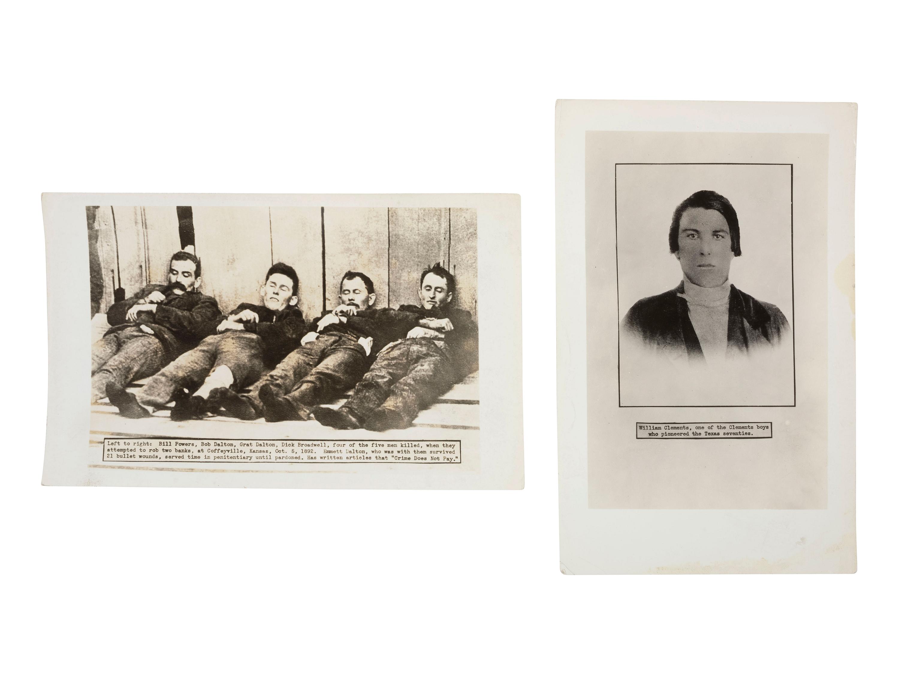 Western Outlaws in Death A group of 11 silver gelatin photographs of deceased outlaws Elmer McCurdy, Isaac Black, and Charlie Pitts, with credit for the N.H. Rose Collection.