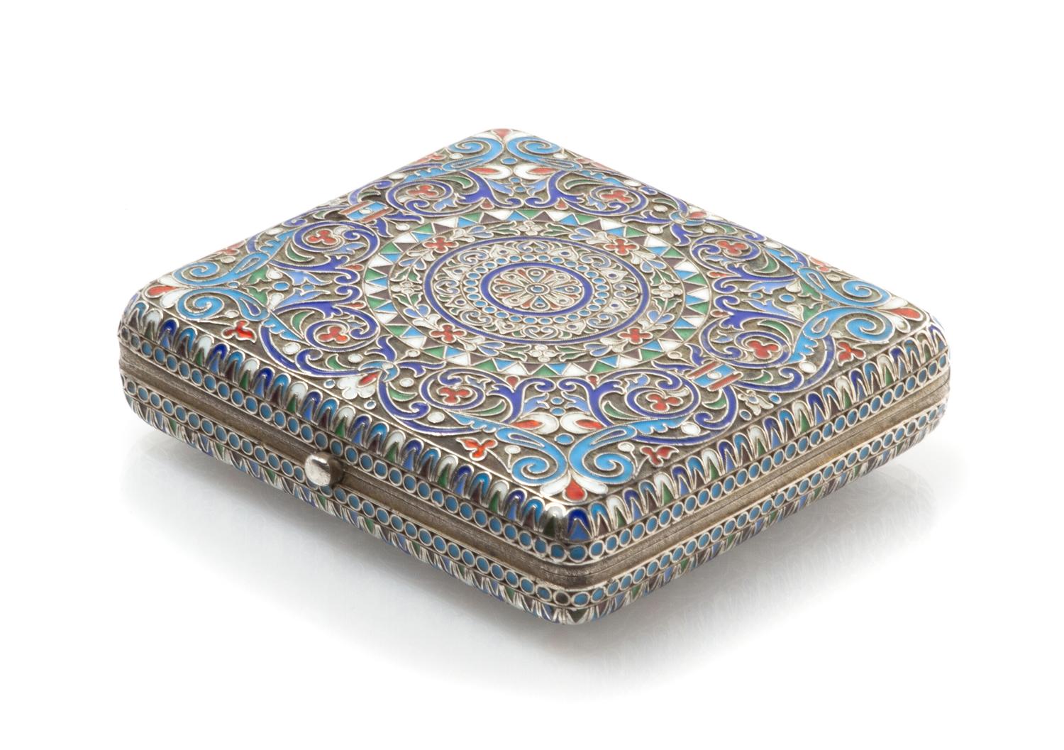 A Russian Enameled Silver Cigarette Case, Mark of Nikolai Alexeev, St. Petersburg, late 19th/early 20th century, of square form, the ca