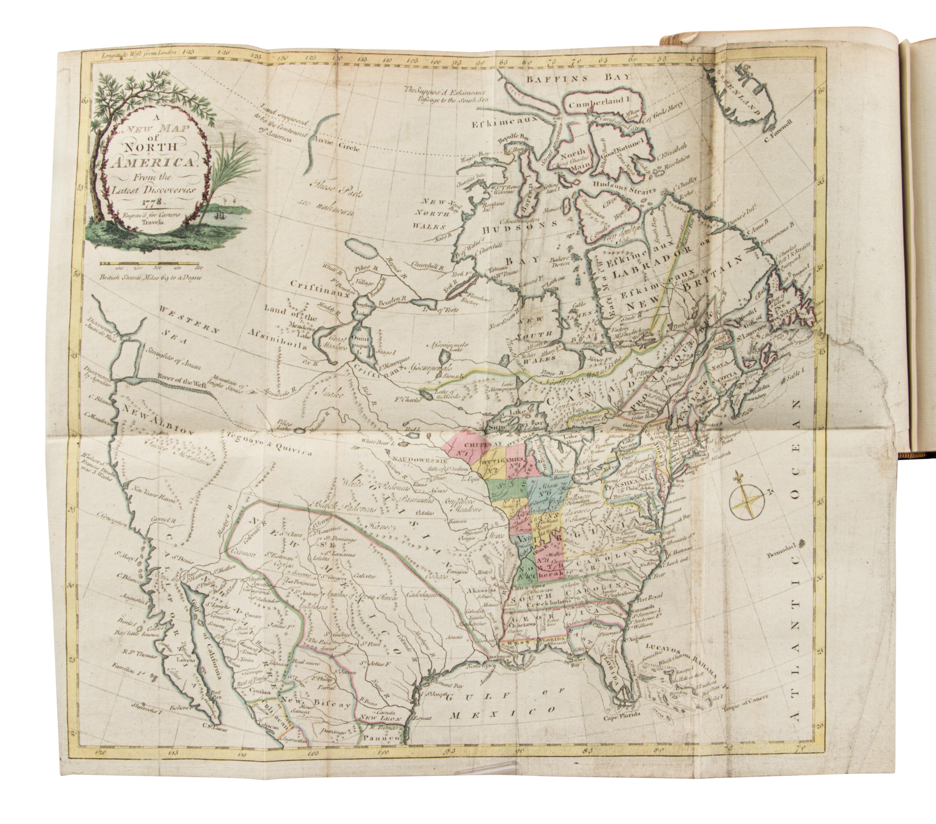 [AMERICANA]. CARVER, Jonathan (1732-1780). Travels through the Interior Parts of North America, in the Years 1766, 1767, and 1768. London: Printed for C. Dilly [&c], 1781.