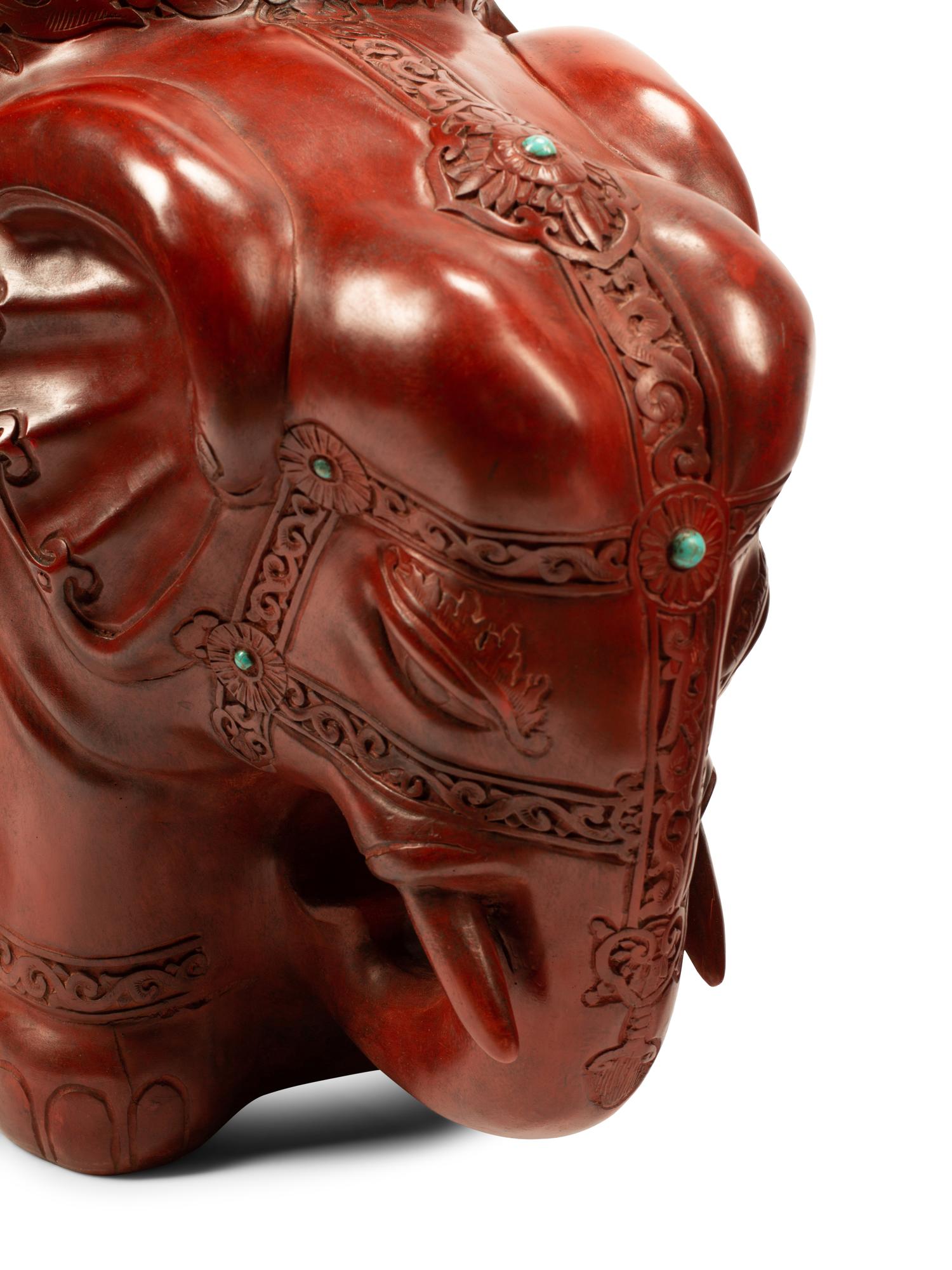 A Pair of Chinese Carved Red Lacquer Elephant Seats