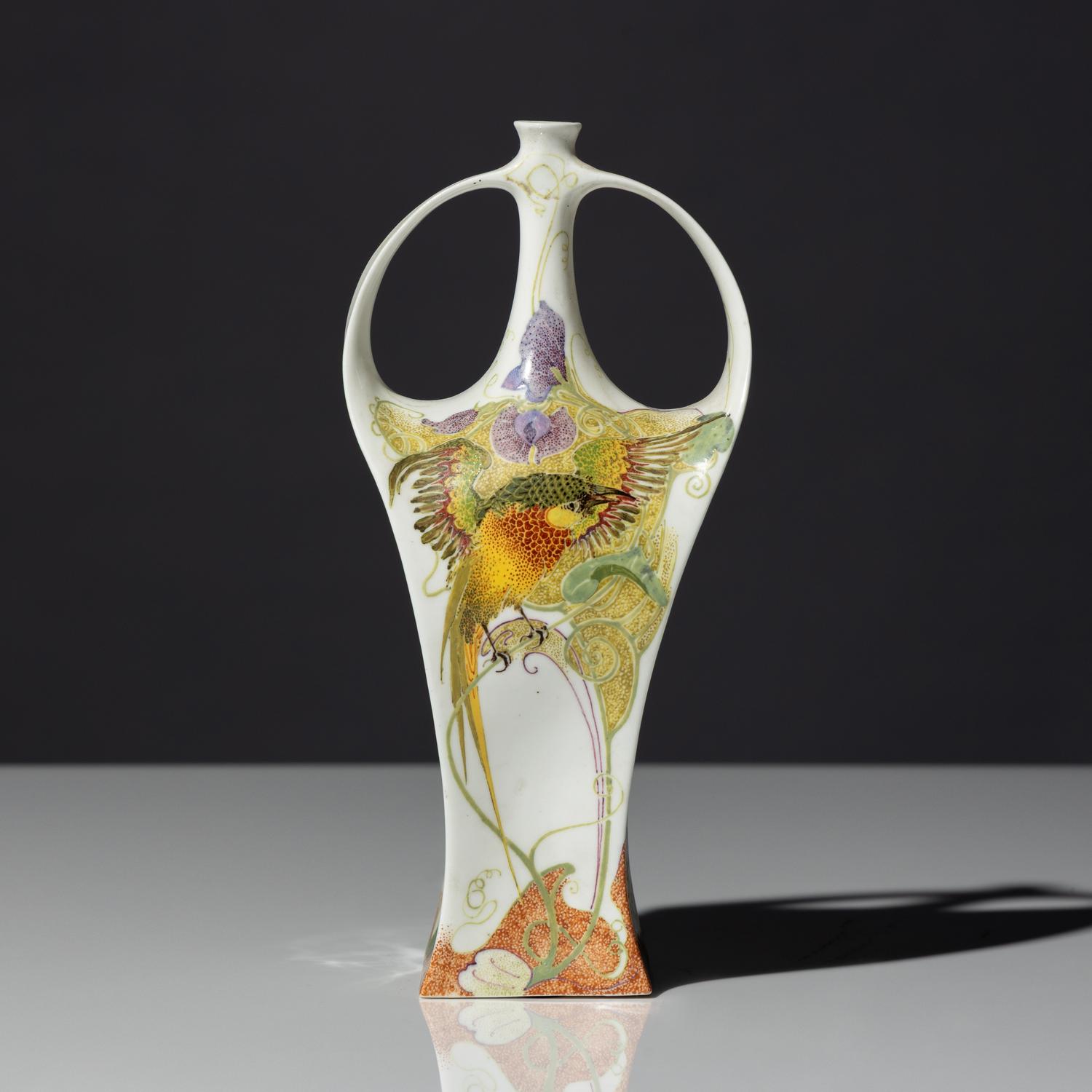 Eggshell porcelain two-handled vase with polychrome bird and floral decor, model 117p