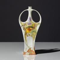 Eggshell porcelain two-handled vase with polychrome bird and floral decor, model 117p