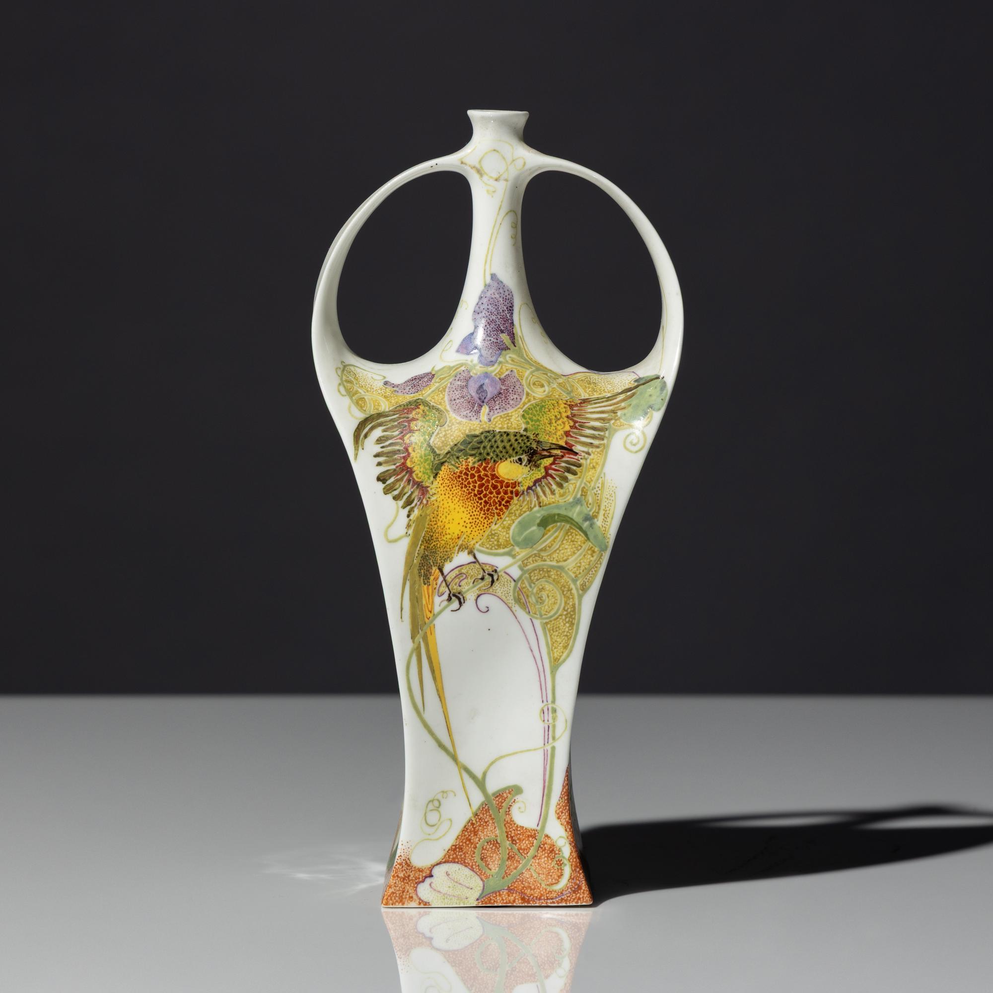 Eggshell porcelain two-handled vase with polychrome bird and floral decor, model 117p