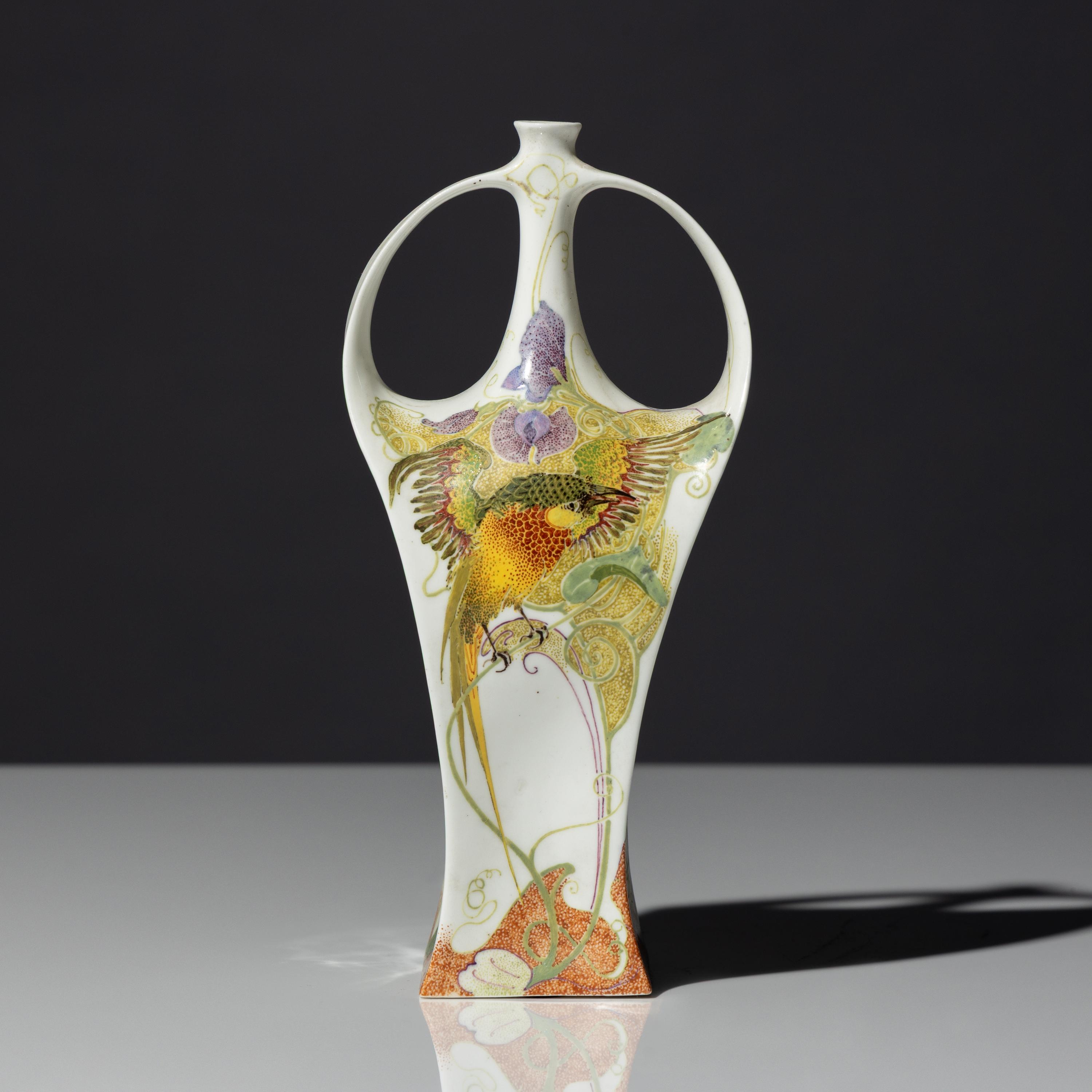 Eggshell porcelain two-handled vase with polychrome bird and floral decor, model 117p