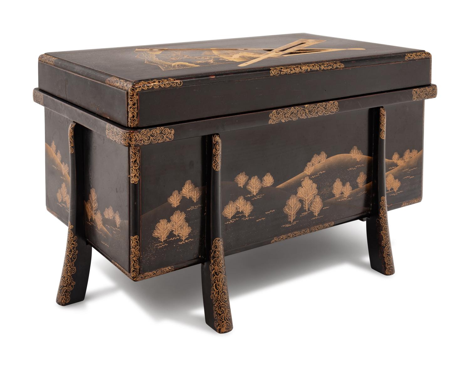 A Small Gilt Decorated Black Lacquer Trunk