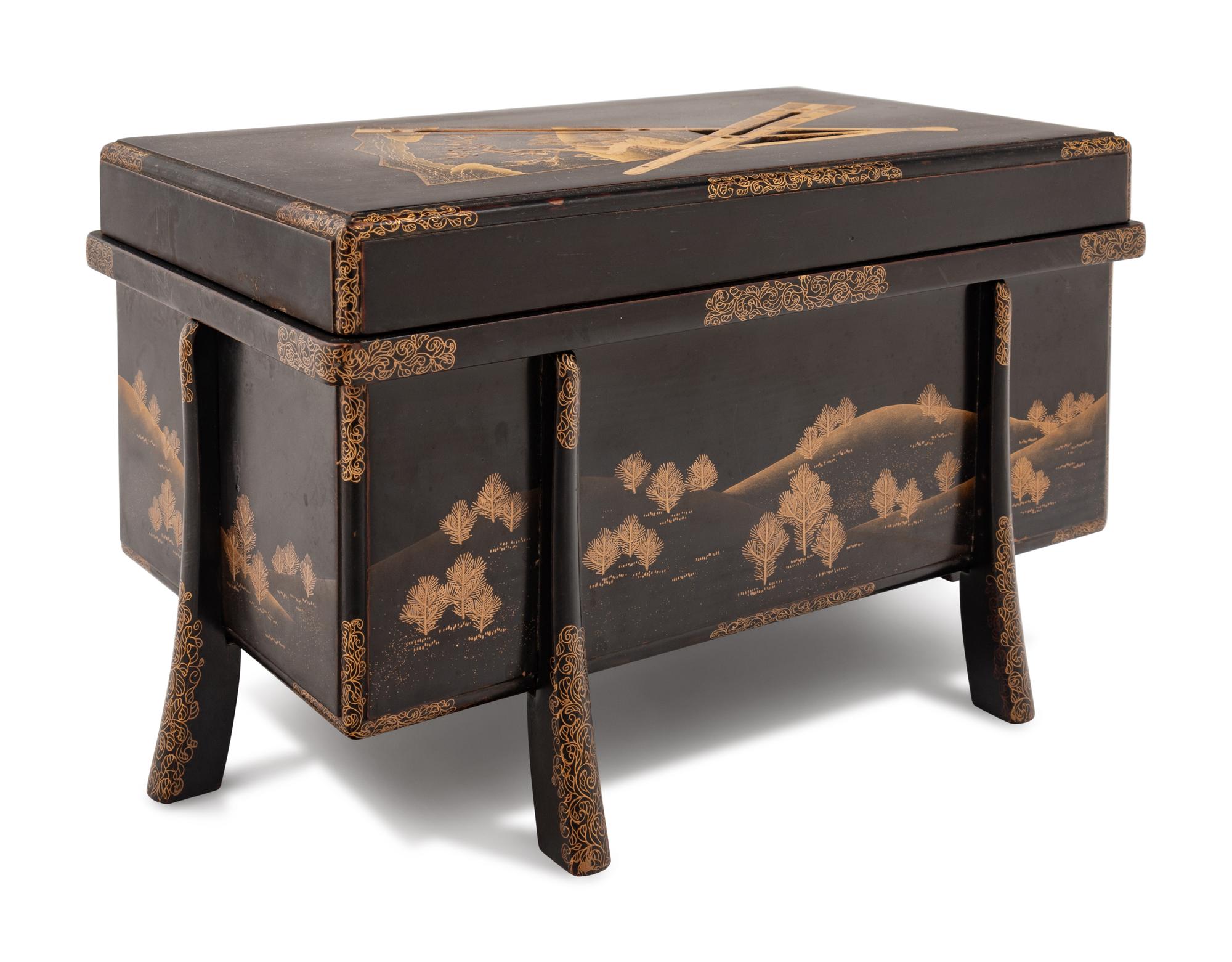 A Small Gilt Decorated Black Lacquer Trunk