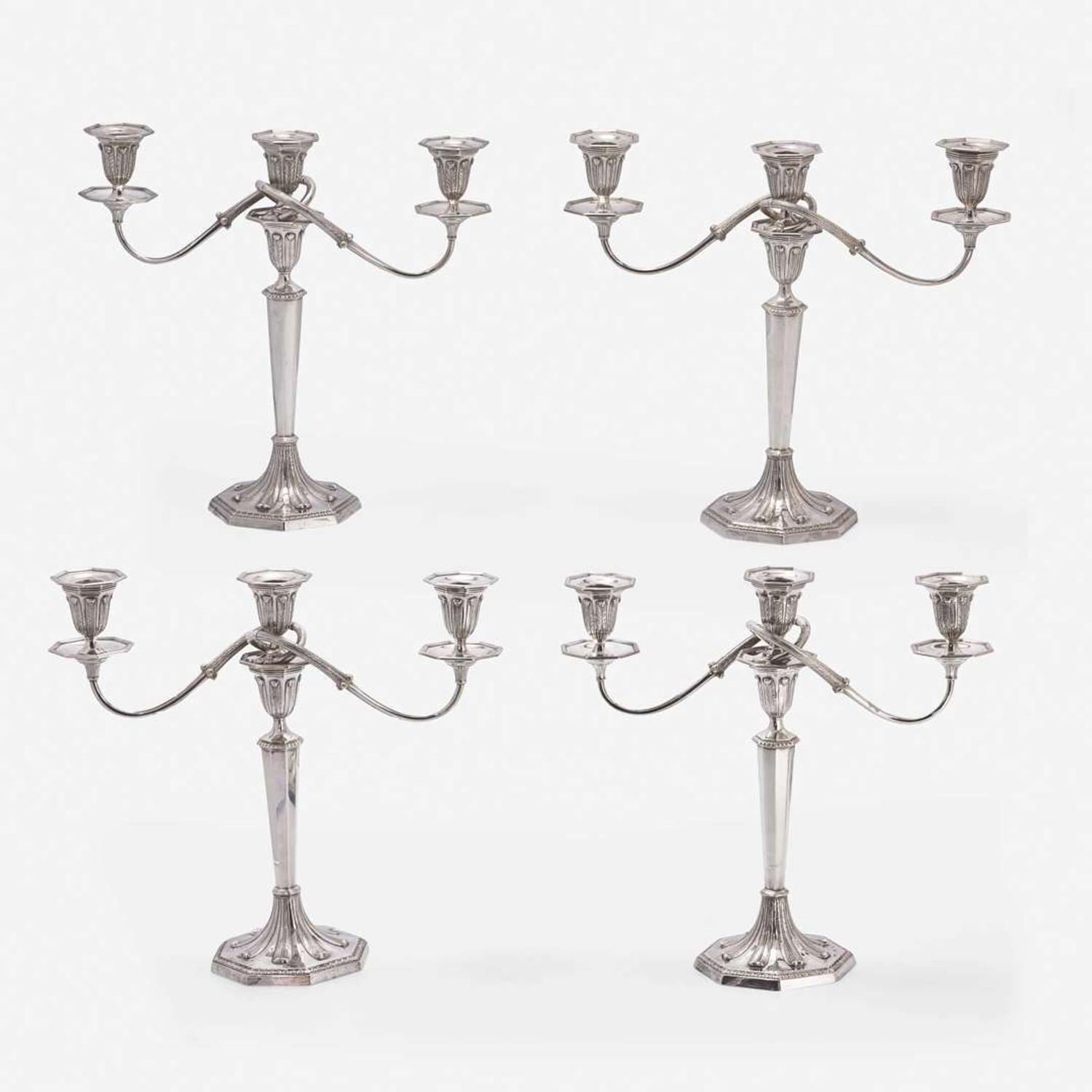 A Set of Four American Sterling Silver Three-Light Candelabra Tiffany & Co., New York, first half 20th century