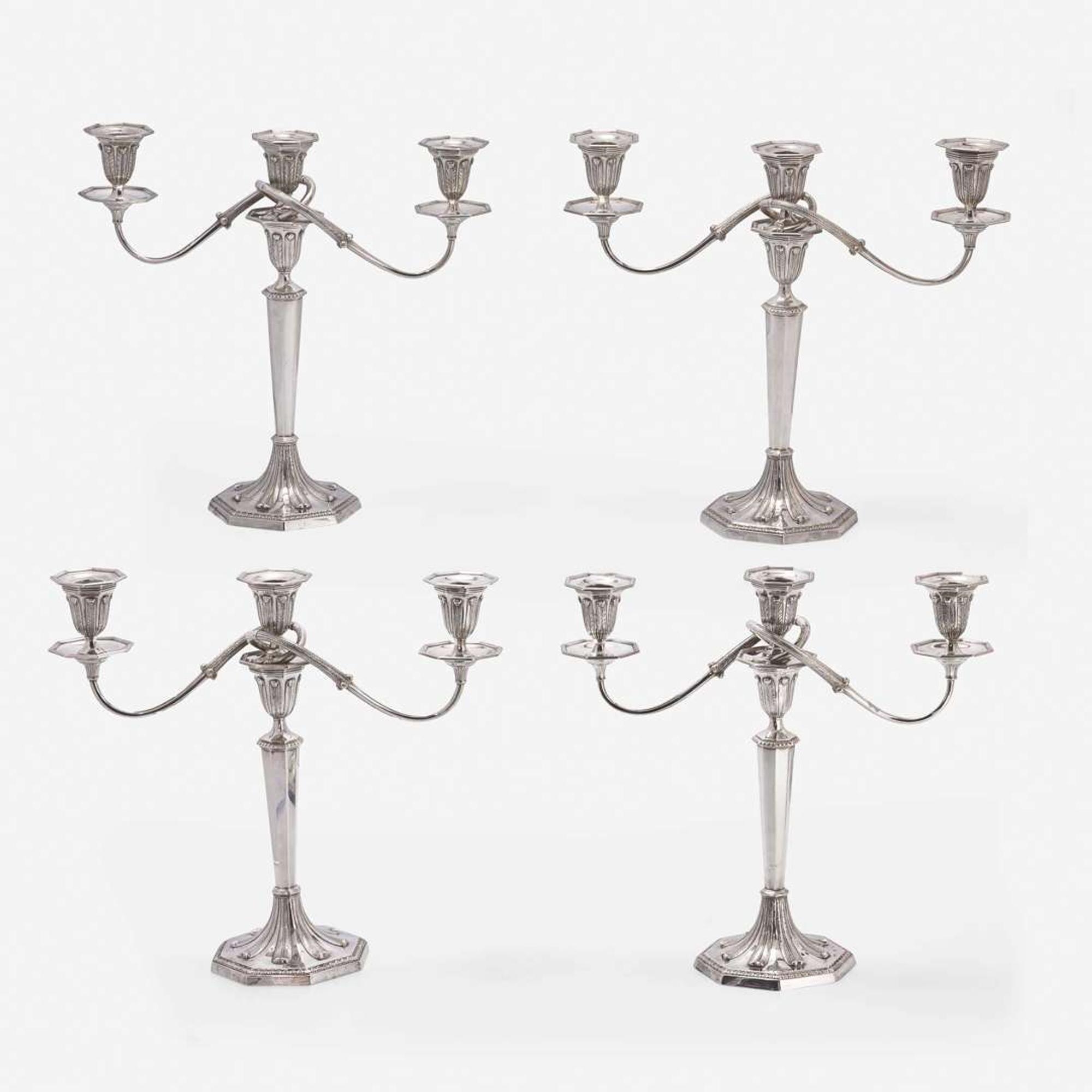 A Set of Four American Sterling Silver Three-Light Candelabra Tiffany & Co., New York, first half 20th century