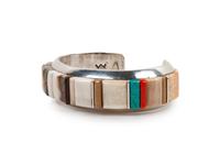 Silver Cuff Bracelet with Turquoise, Coral, and Lapis Cobblestone Inlay