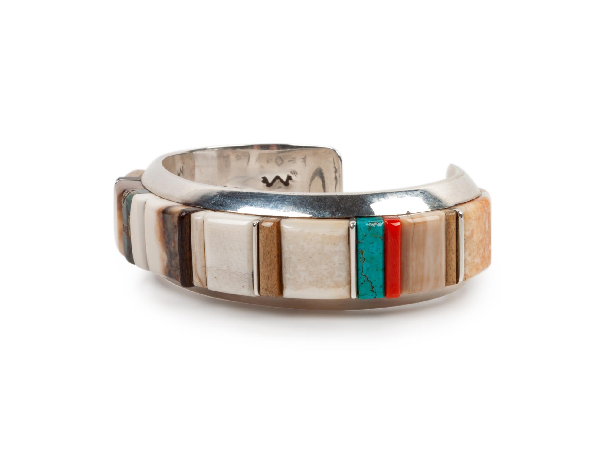 Silver Cuff Bracelet with Turquoise, Coral, and Lapis Cobblestone Inlay