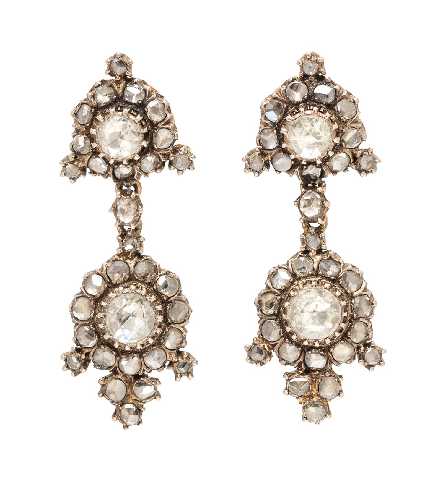 A Pair of Georgian Silver Topped Gold and Diamond Pendant Earrings, 10.20 dwts.