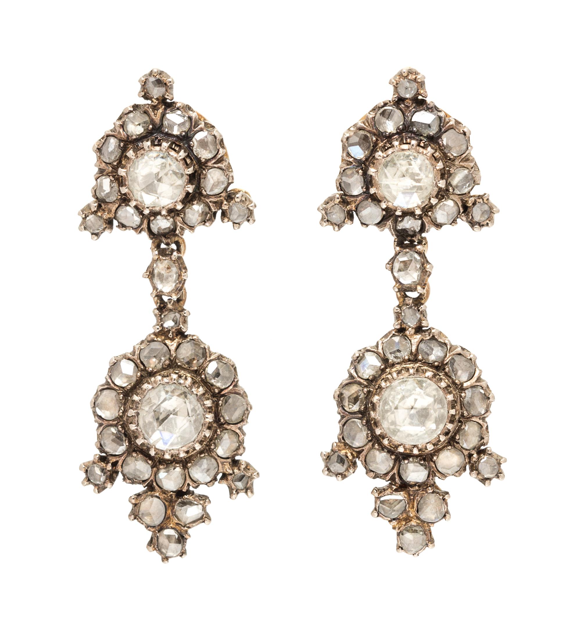 A Pair of Georgian Silver Topped Gold and Diamond Pendant Earrings, 10.20 dwts.