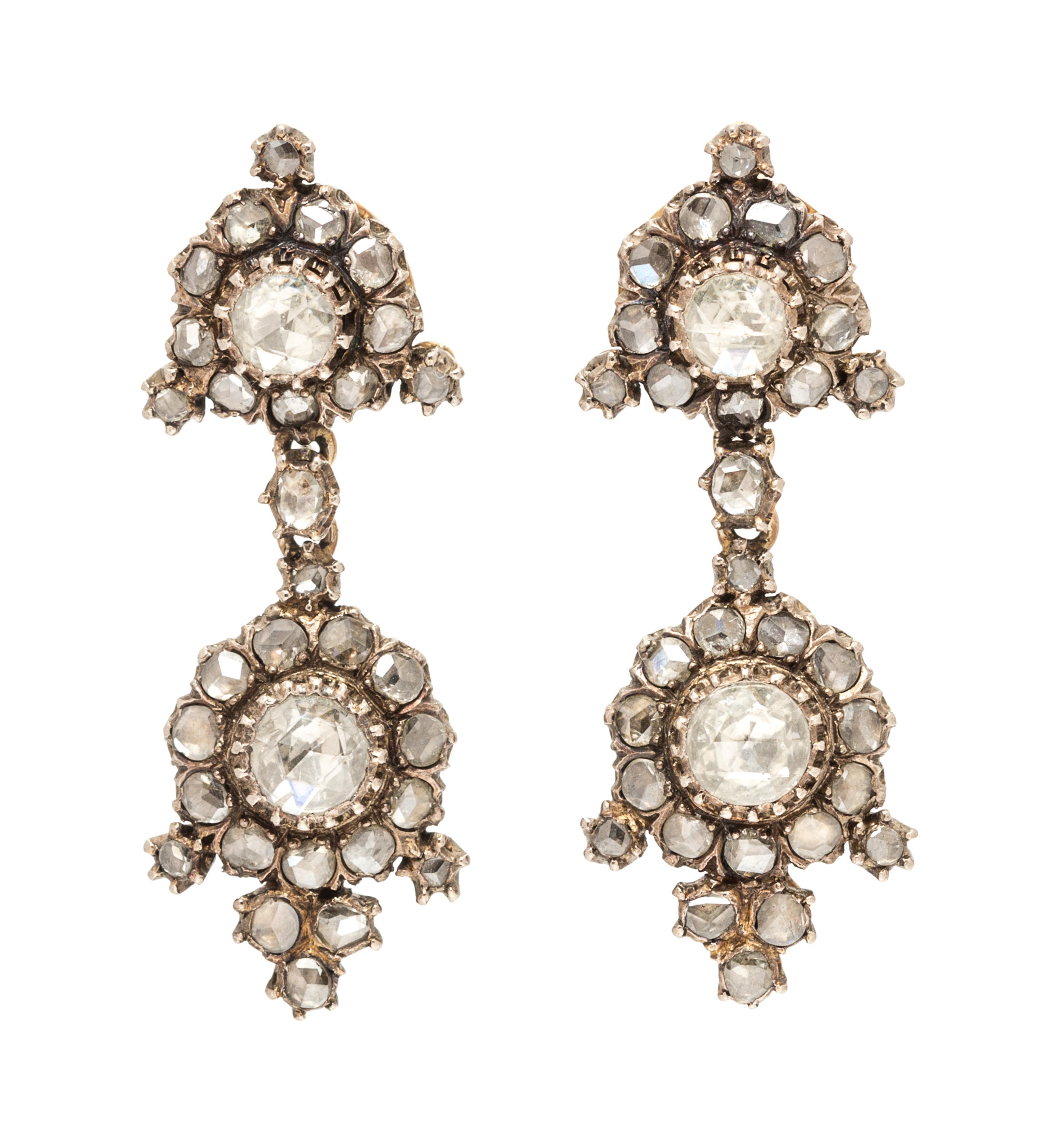 A Pair of Georgian Silver Topped Gold and Diamond Pendant Earrings, 10.20 dwts.