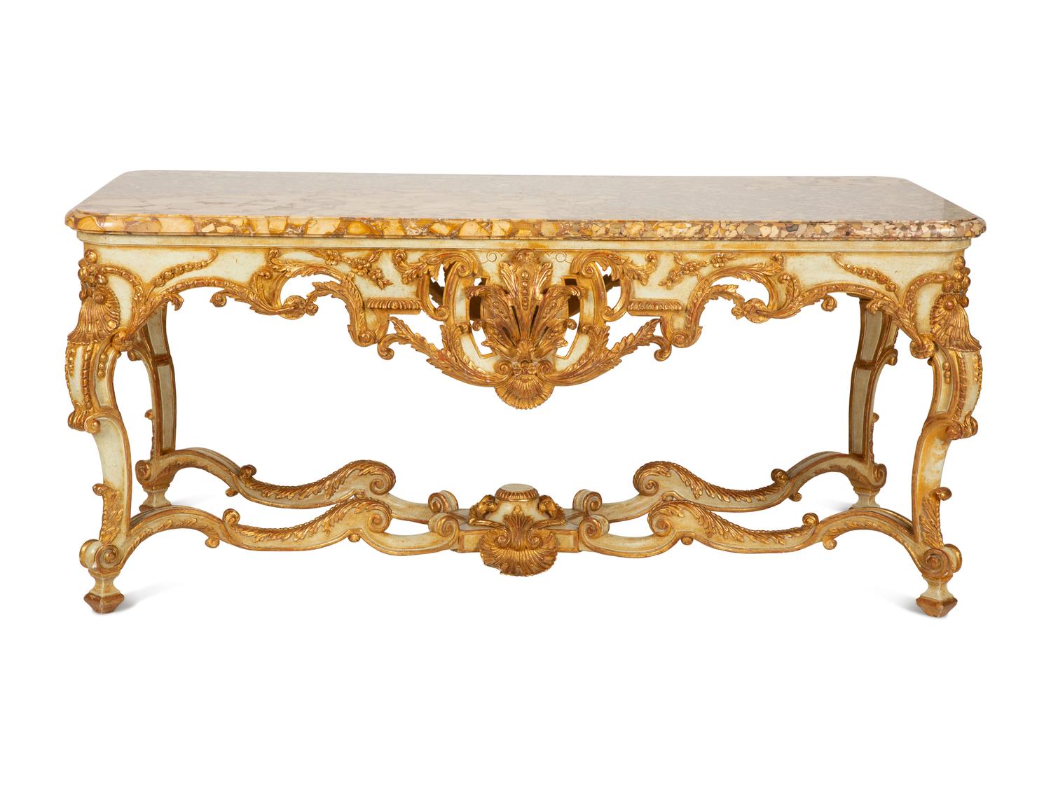 A Régence Style Painted and Parcel Gilt Marble-Top Center Table