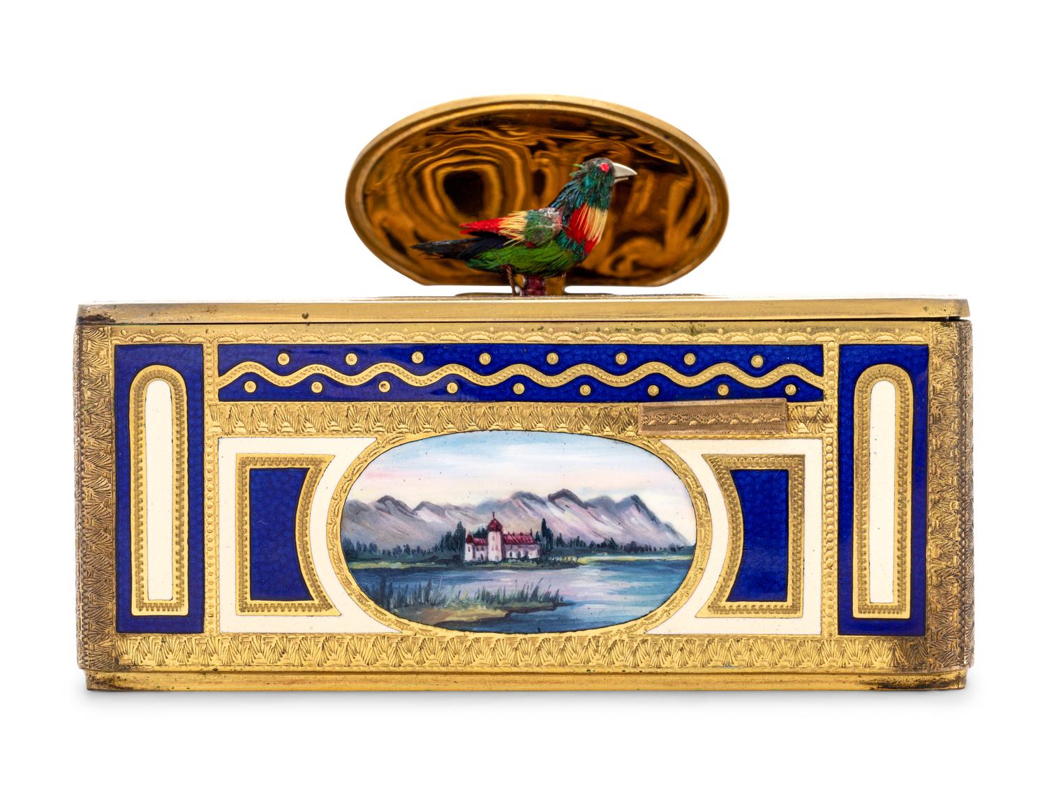 A German Hand-Painted Enamel Singing Bird Automaton Box