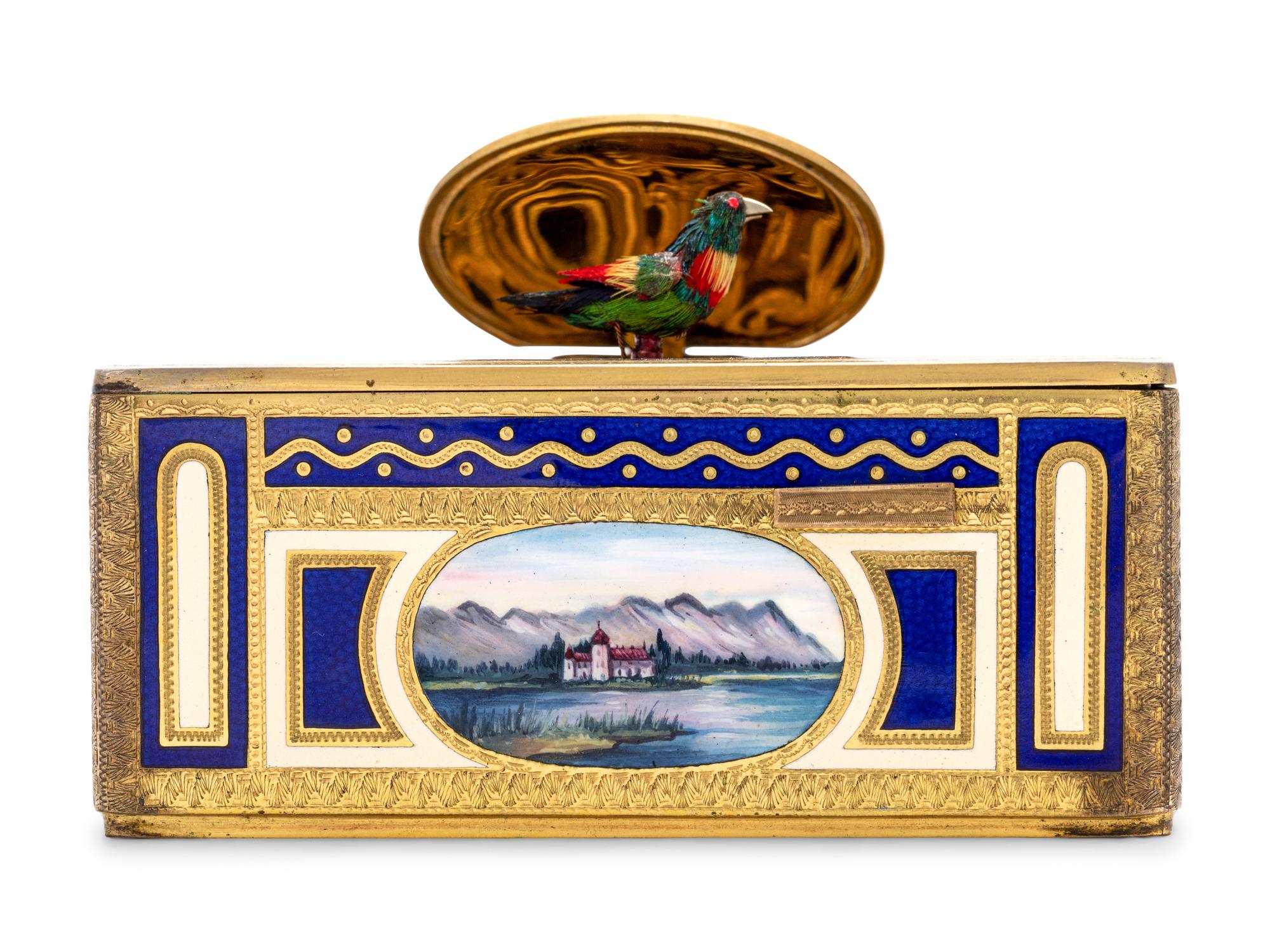 A German Hand-Painted Enamel Singing Bird Automaton Box
