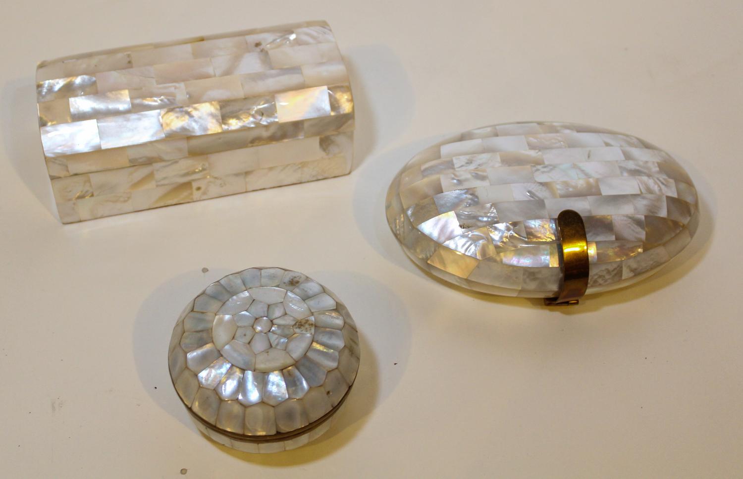 Three Mother of Pearl Veneered Boxes Width of widest 7 inches.