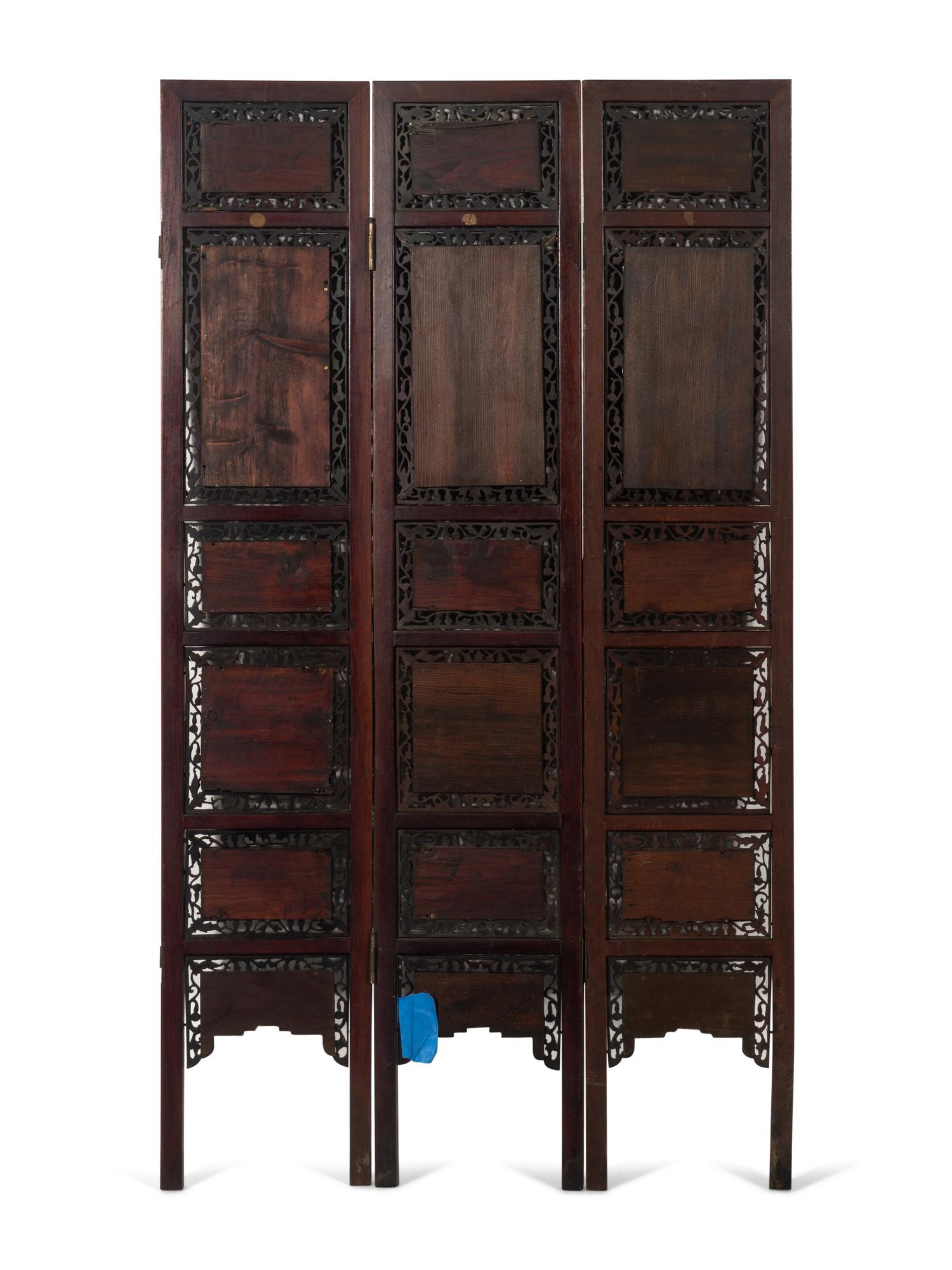 A Chinese Porcelain Inset Hardwood Eight-Panel Screen