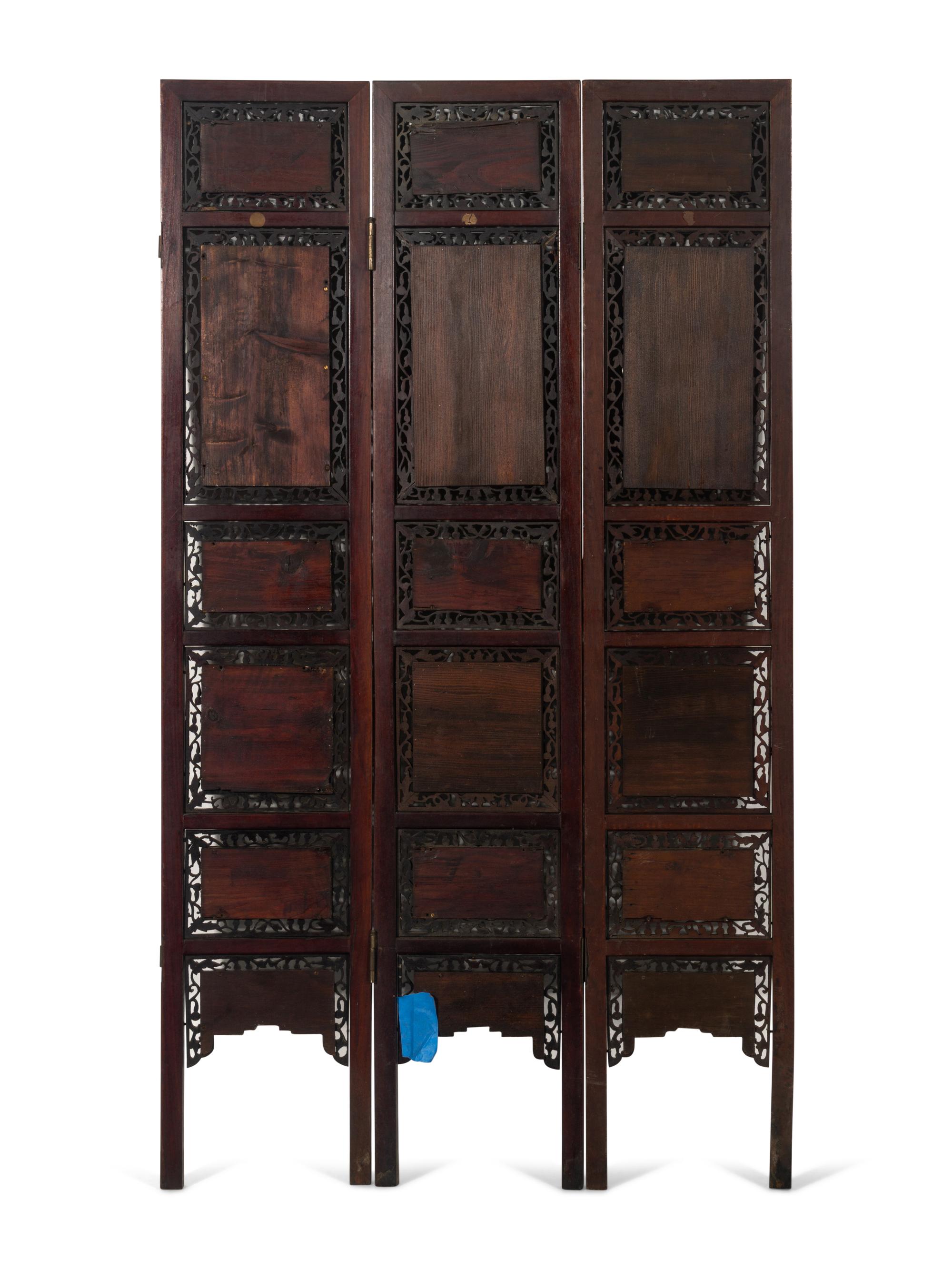 A Chinese Porcelain Inset Hardwood Eight-Panel Screen