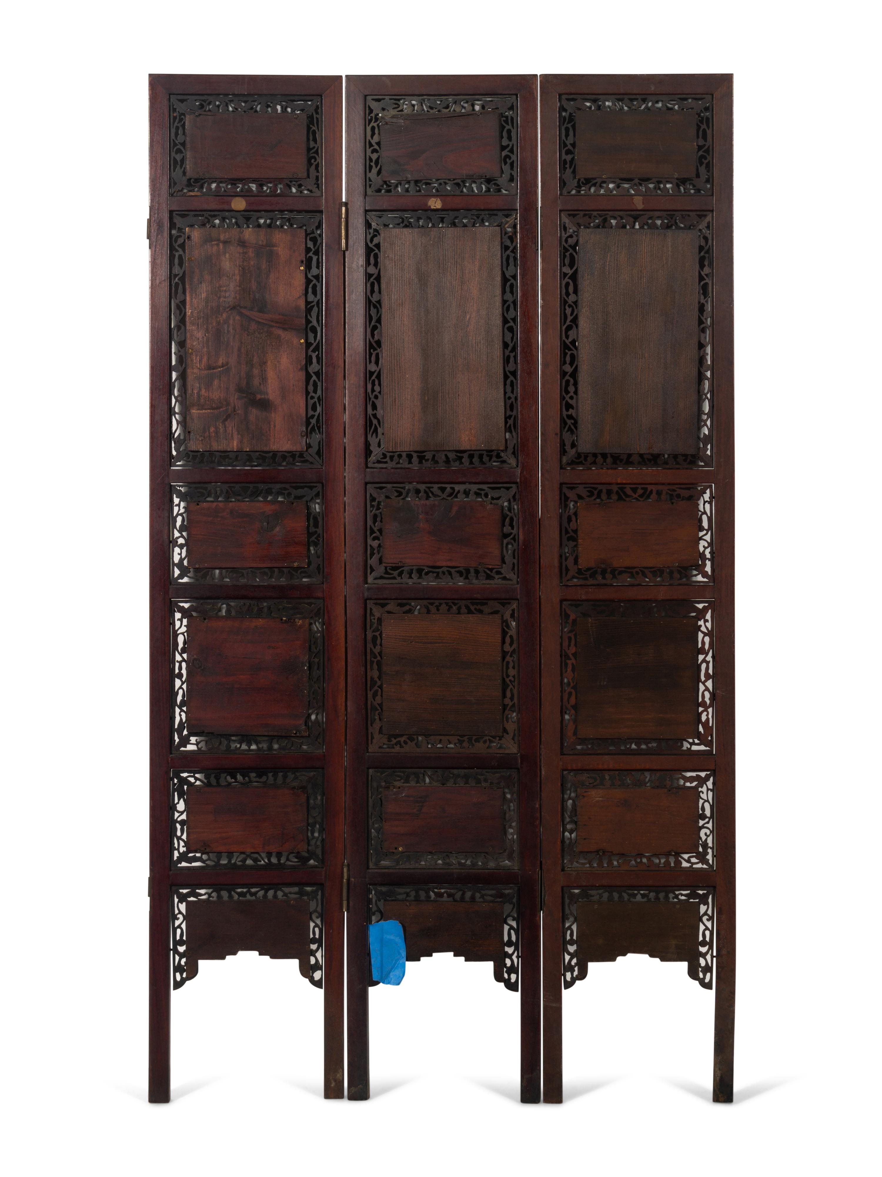 A Chinese Porcelain Inset Hardwood Eight-Panel Screen
