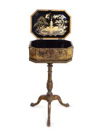 A Chinese Export Lacquered Sewing Box on Stand