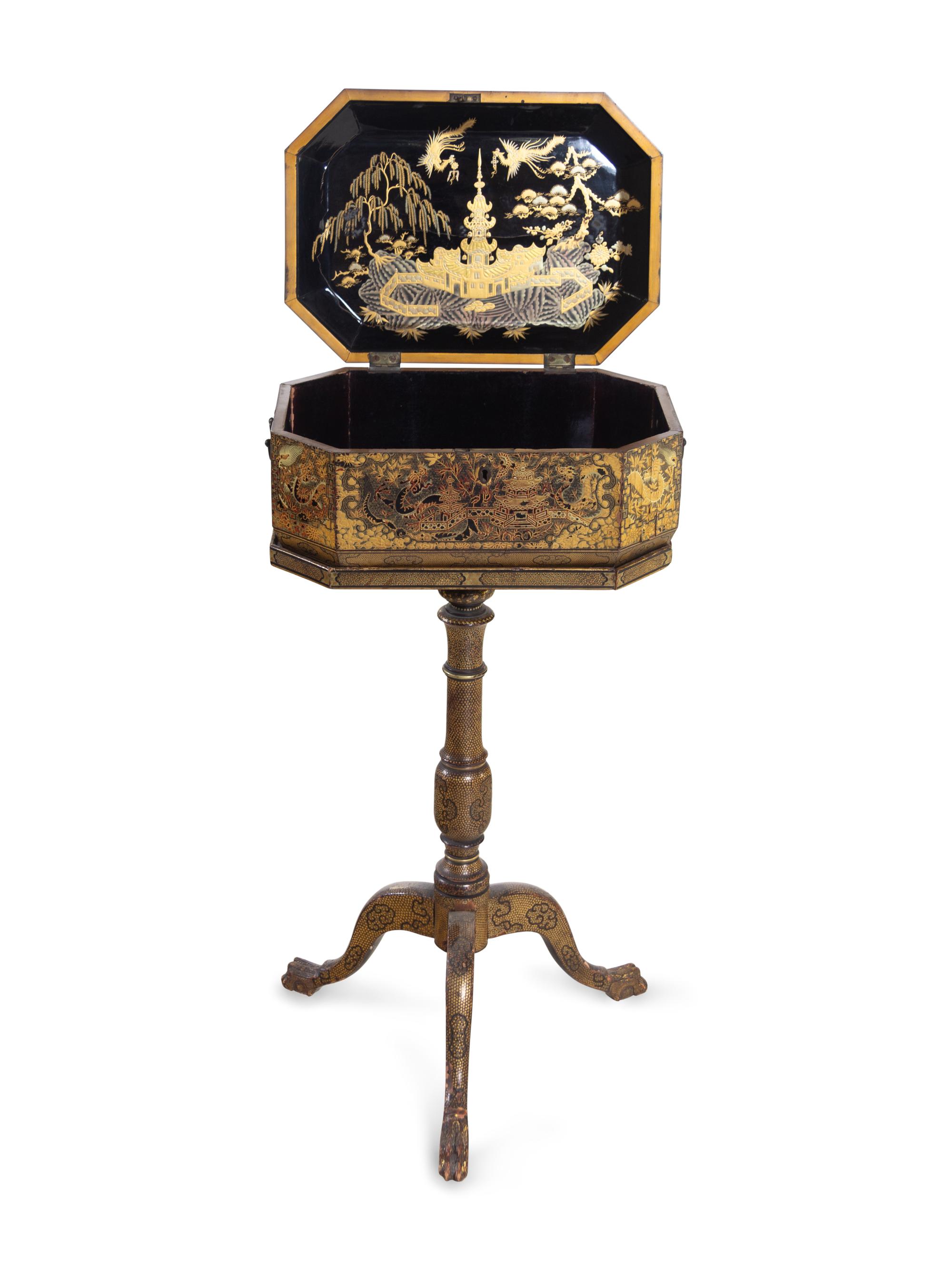 A Chinese Export Lacquered Sewing Box on Stand
