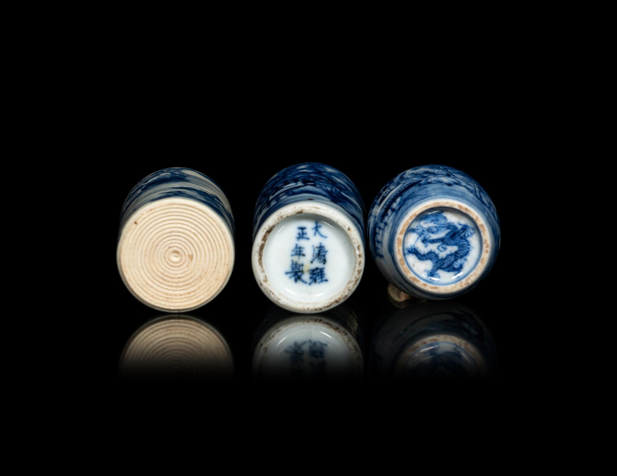 Three Chinese Blue and White Porcelain 'Fishing' Snuff Bottles