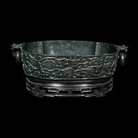 A Chinese Spinach Jade Marriage Bowl, Late Qing/Republic Period 晚清/民國 碧玉雕福祿萬代雙蝠活耳洗
