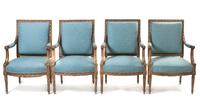 A Set of Four Louis XVI Style Giltwood Open Armchairs, Height 39 inches.