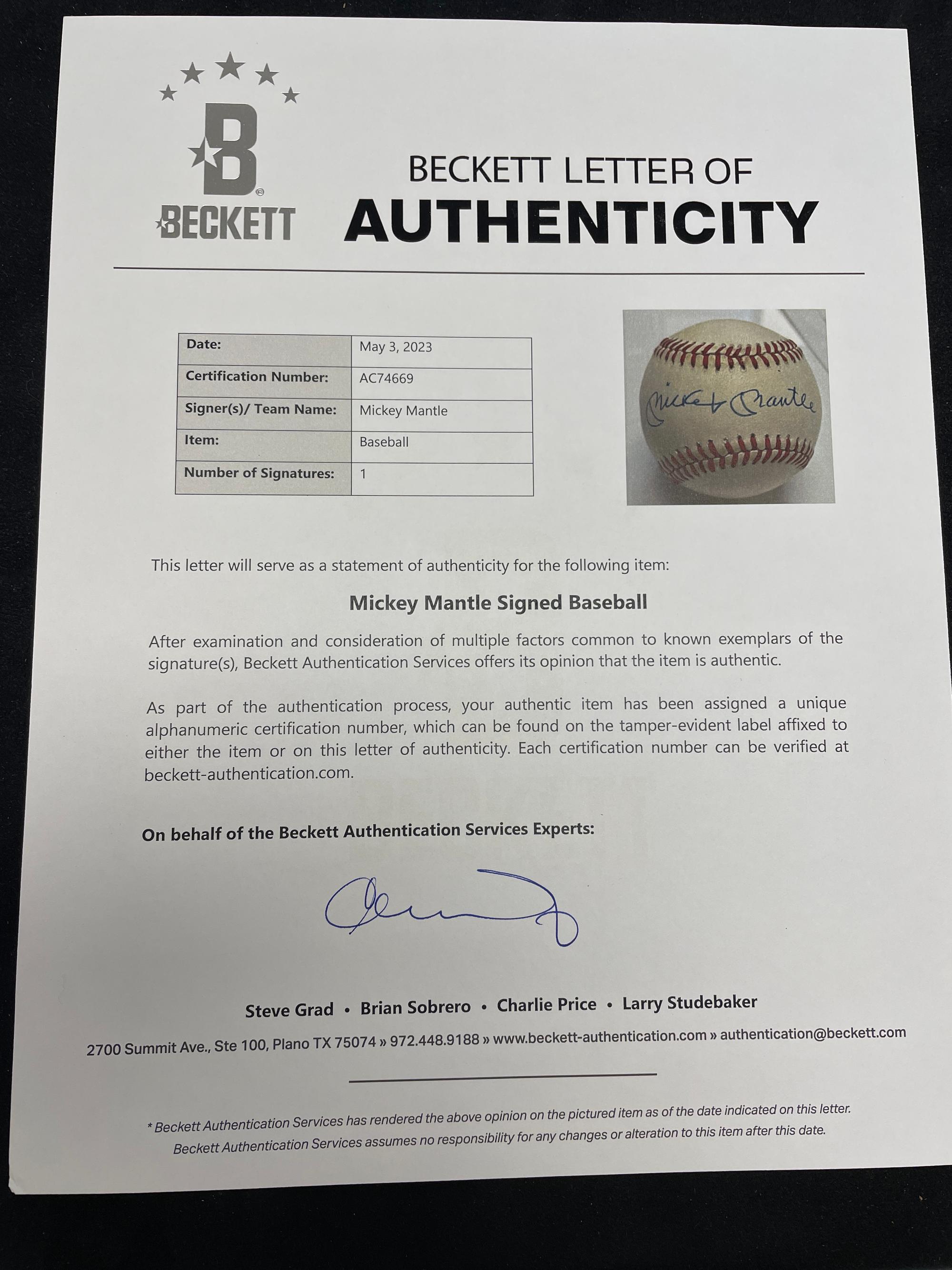 A Mickey Mantle Signed Autograph Baseball (Beckett Authentication Services Letter)
