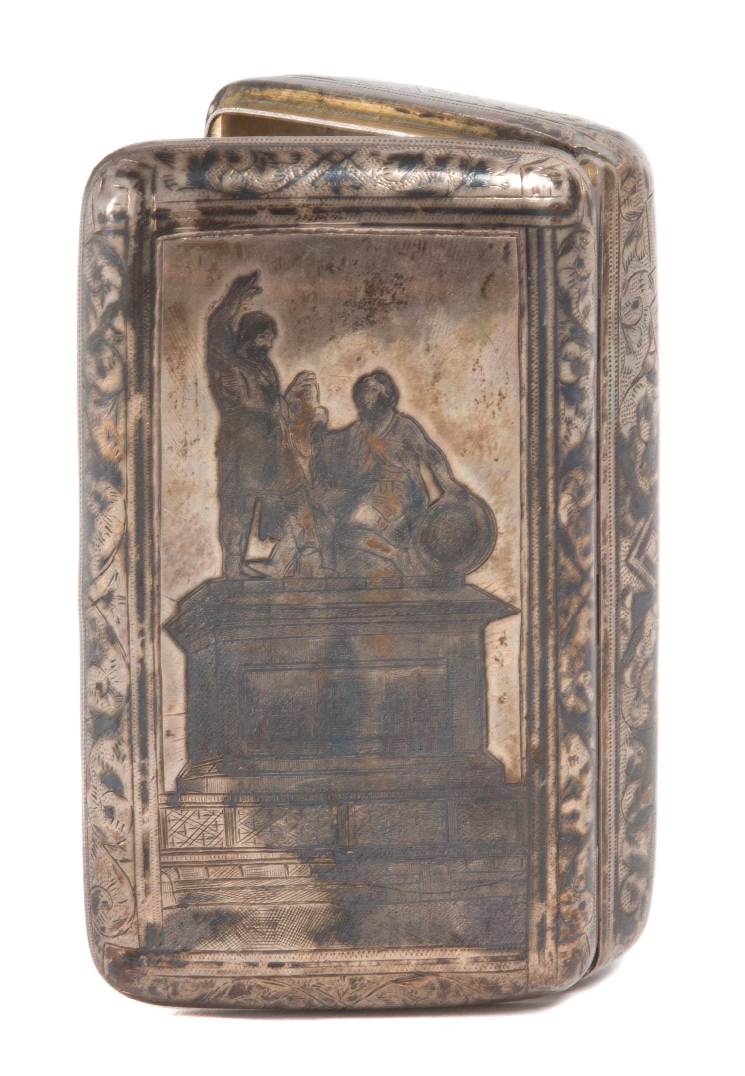 A Russian Silver Cigarette Box, likely Vasily Aleksandrovich Petrov, Moscow, 1885, engraved with scene of monument.