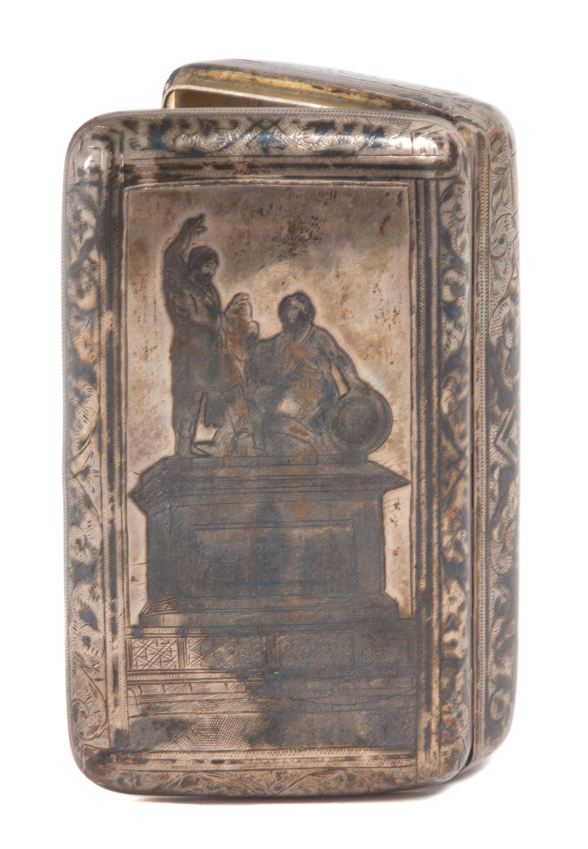 A Russian Silver Cigarette Box, likely Vasily Aleksandrovich Petrov, Moscow, 1885, engraved with scene of monument.