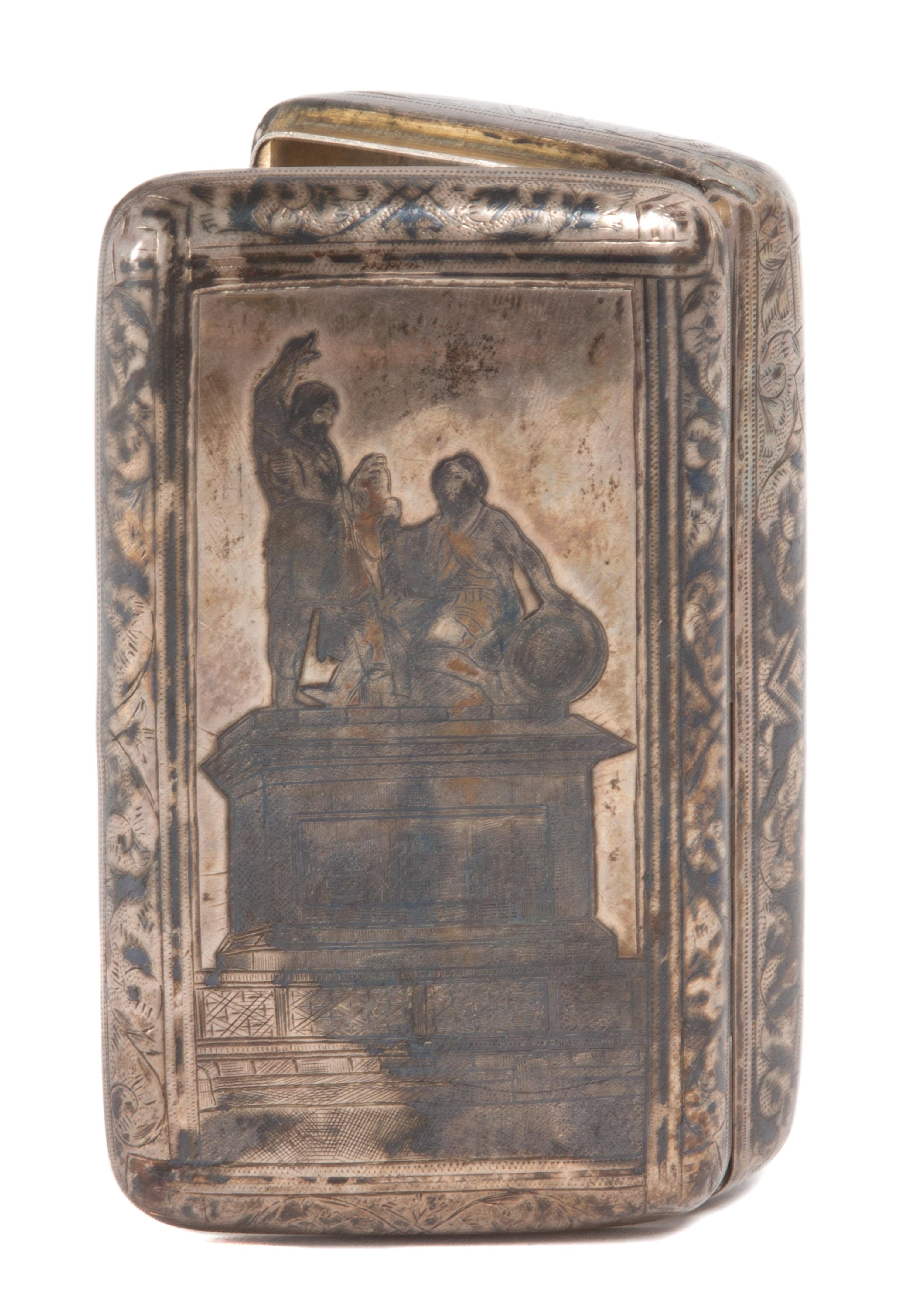 A Russian Silver Cigarette Box, likely Vasily Aleksandrovich Petrov, Moscow, 1885, engraved with scene of monument.