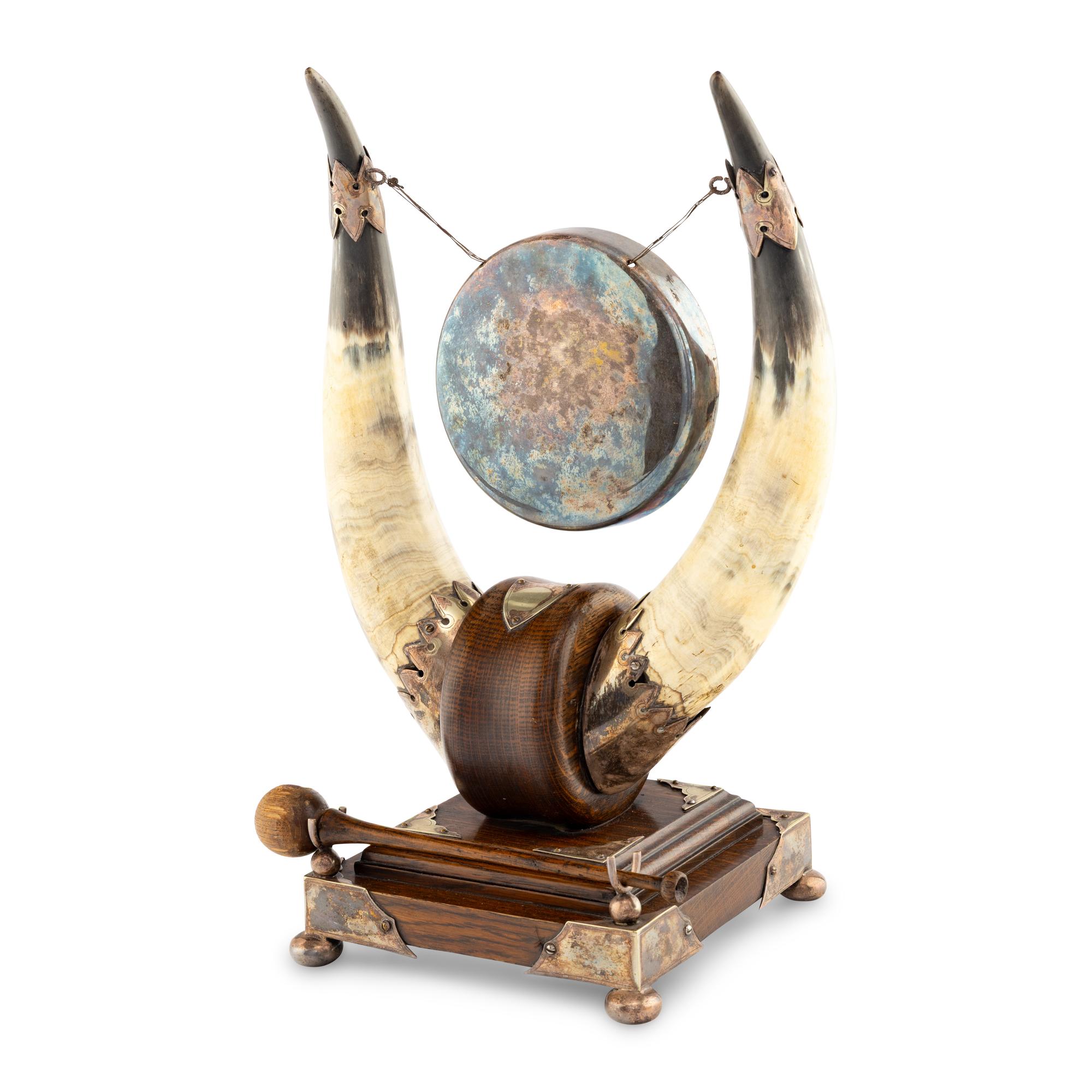 A Silver-Plate, Buffalo Horn and Oak Dinner Gong