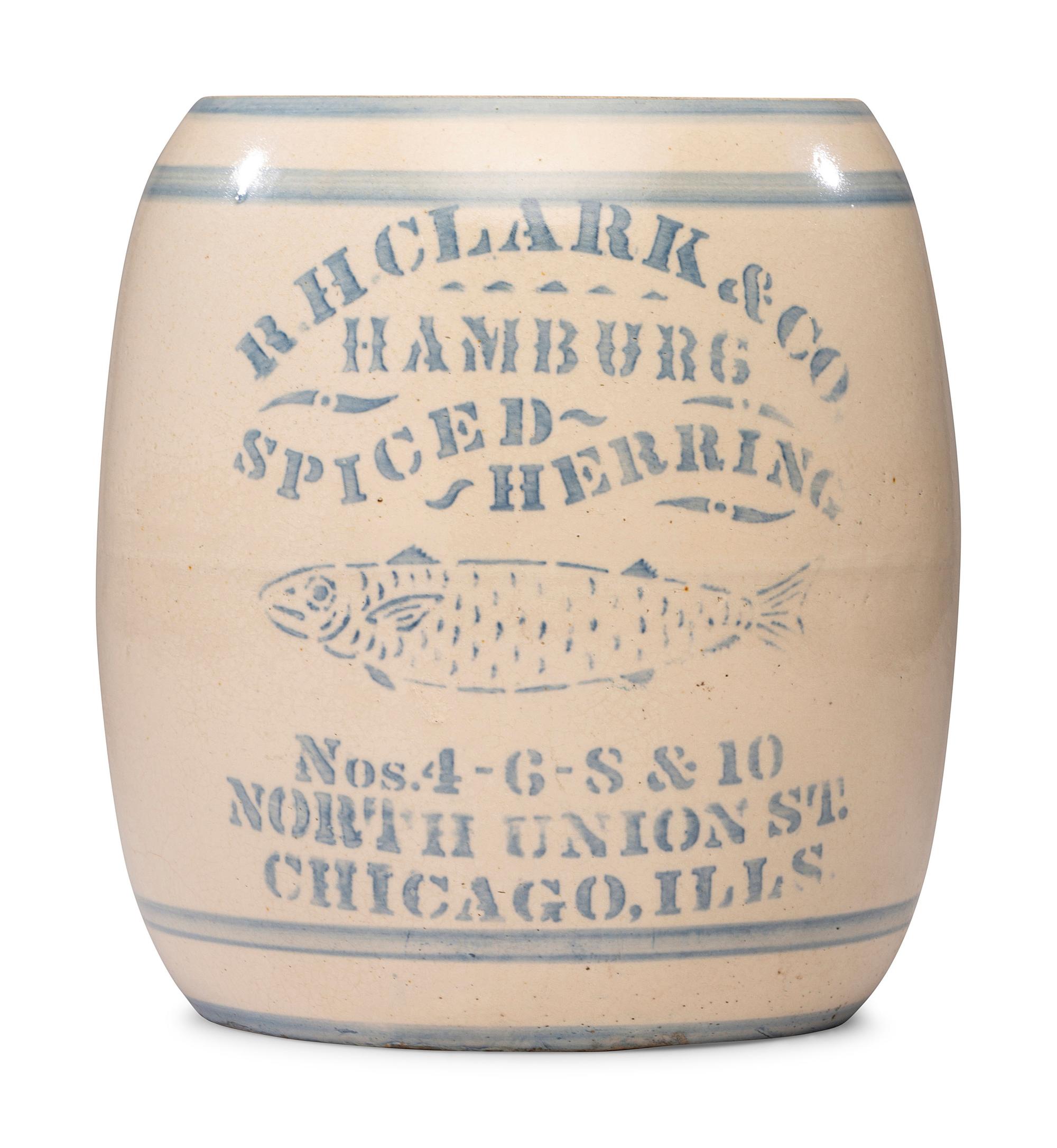 An 'R. H. Clark & Co. Hamburg Spiced Herring' Stenciled Stoneware Crock