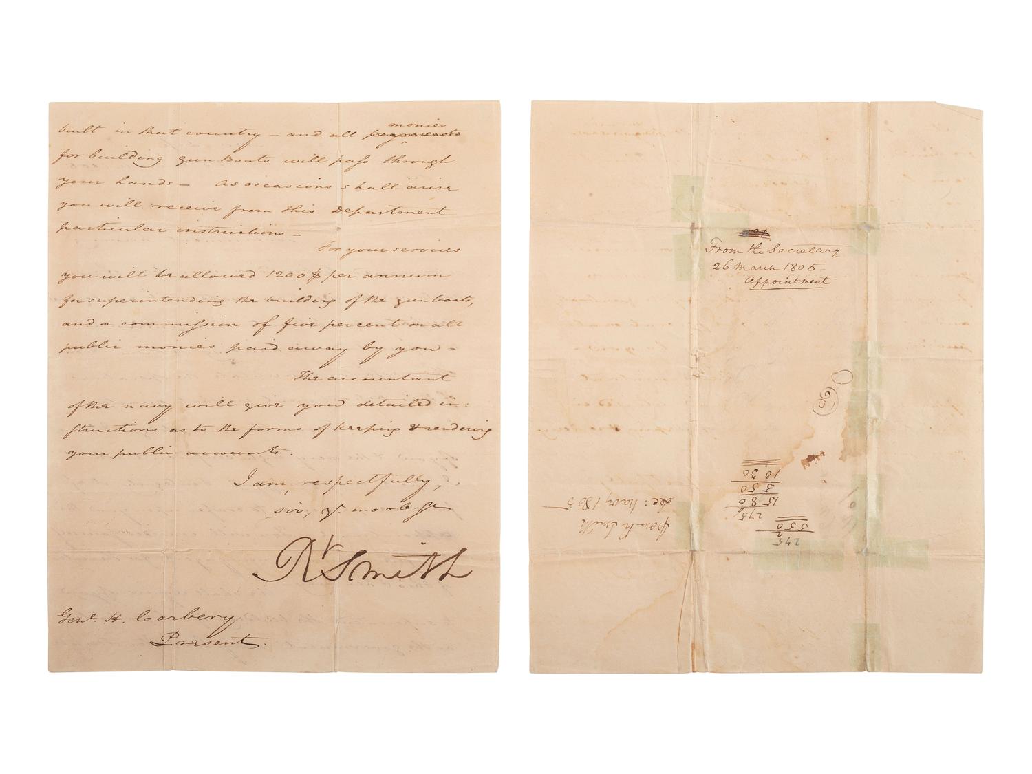 [NAVY]. SMITH, Robert (1757-1842). Letter signed ("Rt. Smith"). Navy Department, 26 March 1805.