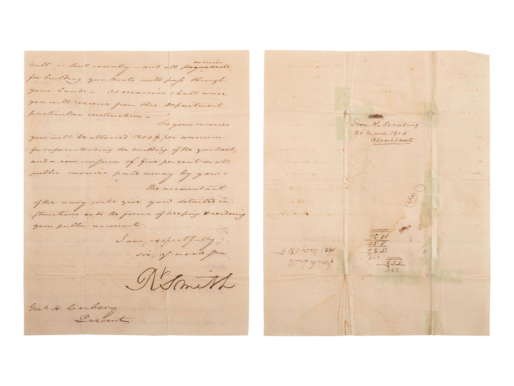 [NAVY]. SMITH, Robert (1757-1842). Letter signed ("Rt. Smith"). Navy Department, 26 March 1805.