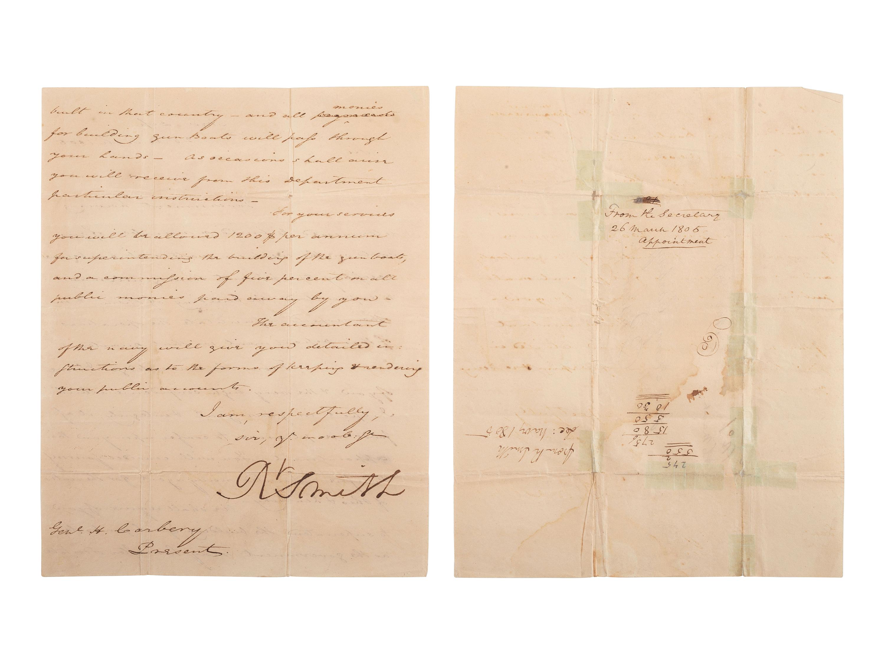 [NAVY]. SMITH, Robert (1757-1842). Letter signed ("Rt. Smith"). Navy Department, 26 March 1805.