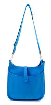 An Hermes Blue Clemence Evelyne III GM Handbag, 13" x 12" x 4"; Strap drop: 19"- 27".