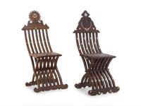 Two Syrian Carved and Mother-of-Pearl Inlaid Side Chairs