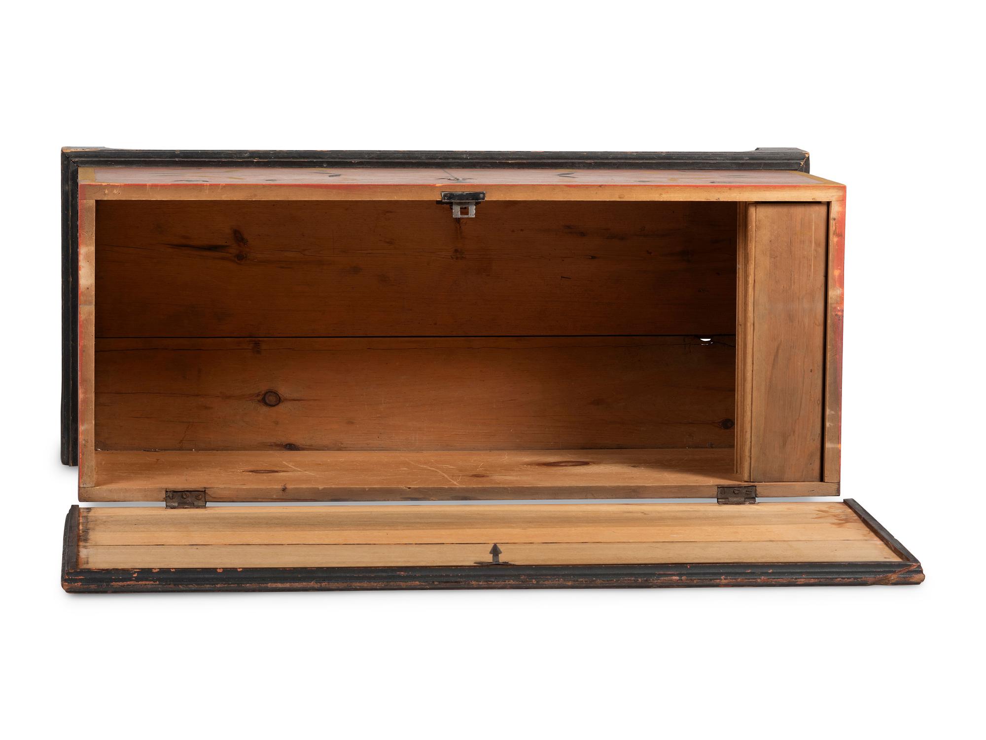 A Chippendale Red and Polychrome Paint-Decorated Poplar and Pine Blanket Chest