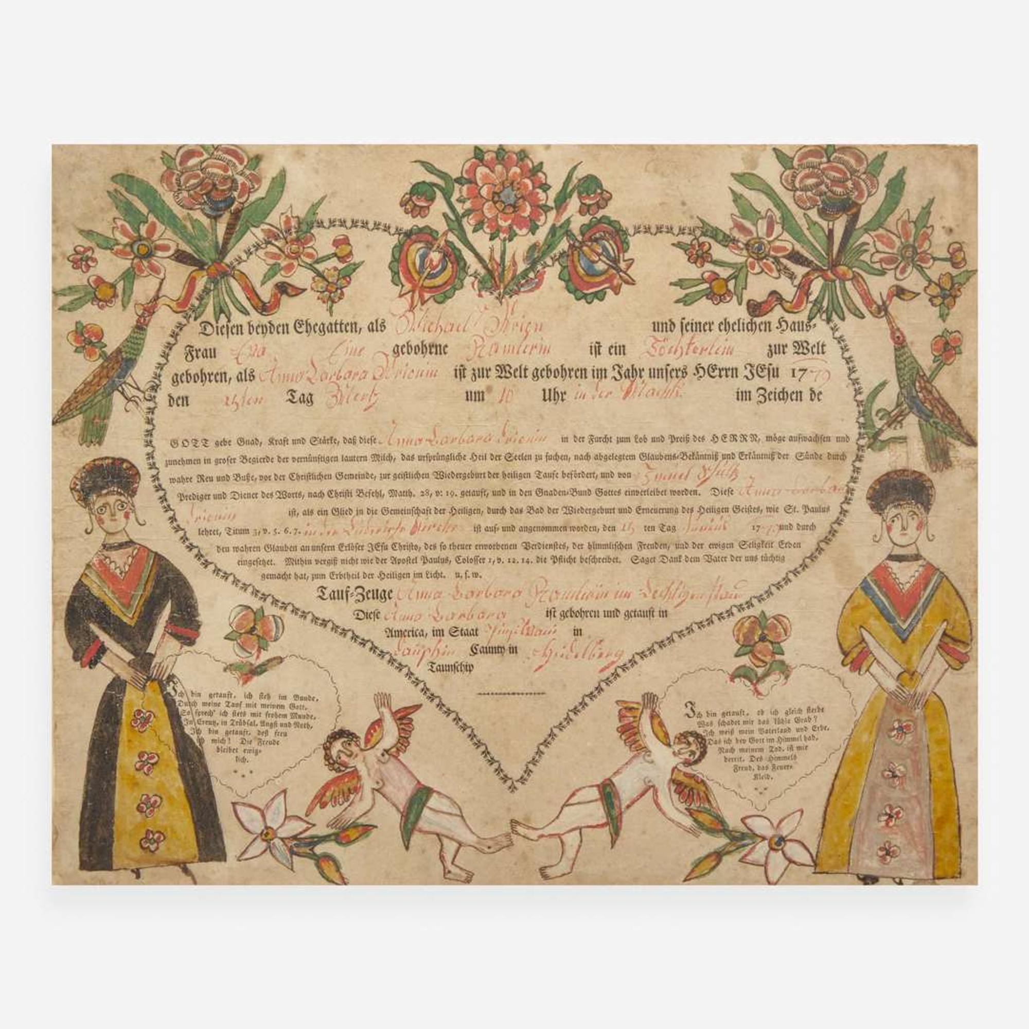 Georg Freiderich Speyer (active c. 1774-1801) A Fraktur birth and baptism record for Anna Barbara Krionin, dated "1779"
